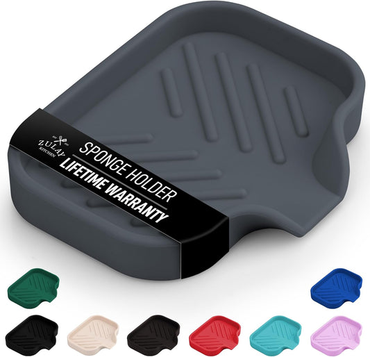 Zulay Kitchen Small Silicone Sponge Holder (4.9x3.3”) – Space-Saving Sink Organizer Tray for Sponge, Soap, Brush & More – Compact Non-Slip Dish for Kitchen & Bathroom (Grey)