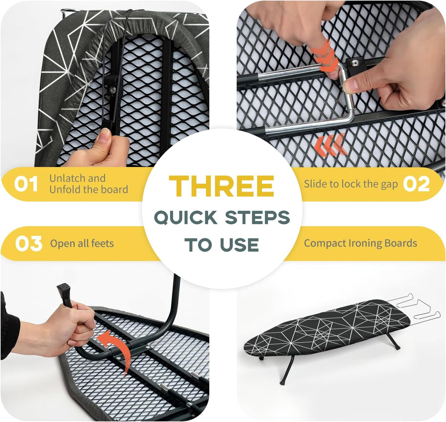 Mini Ironing Board Tabletop Foldable, RAINHOL Space-Saving Iron Board, Compact and Portable for Travel and College, with Hook and Iron Holder, Steel Mesh, 31" x 12", Black and White Stripes