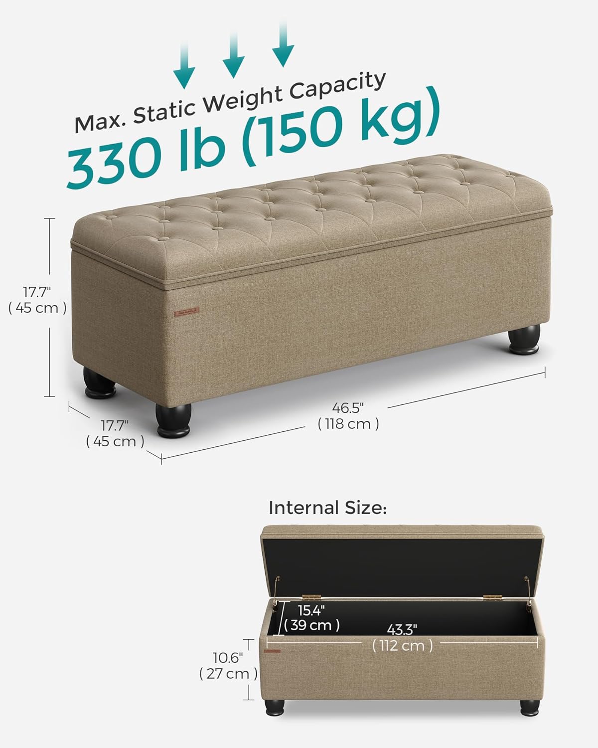 SONGMICS Storage Ottoman, Storage Bench, Tufted Entryway Bedroom Bench, 17.7 x 46.5 x 17.7 Inches, Hinges Easy Lid Operation, Wooden Legs, Linen-Look Cover, Loads 330 lb, Camel Brown ULOM070K01