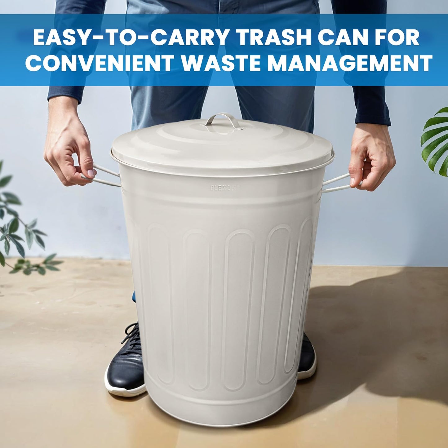 Plexon Round Trash Can 13 Gallon, Vintage Metal Outdoor Trash Can with Lid, Retro Farmhouse Garbage Container, Old School Modern Ash Bucket, Beige