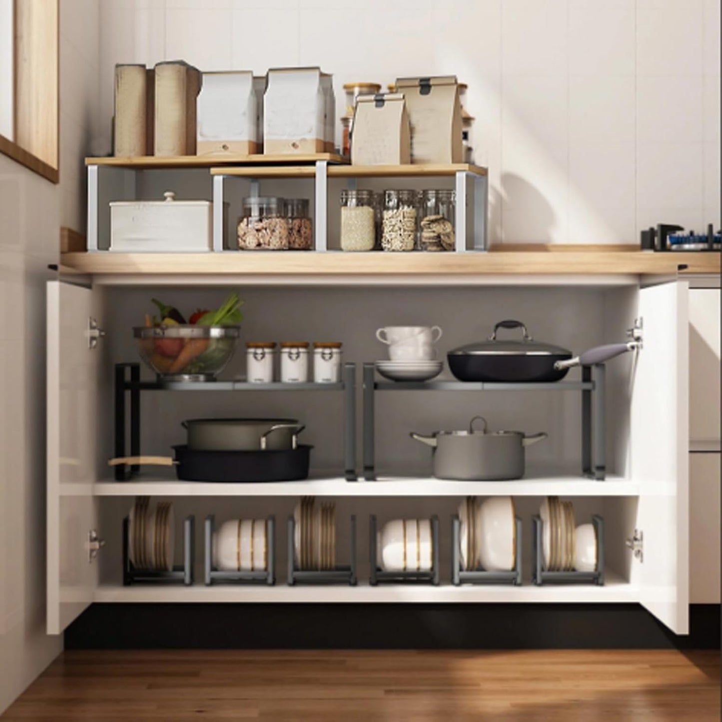 Cabinet Organizer Shelf, Kitchen Counter Storage, 2-Piece Set, Stackable Spice Rack, Metal and Wood (White and Natural Beige)