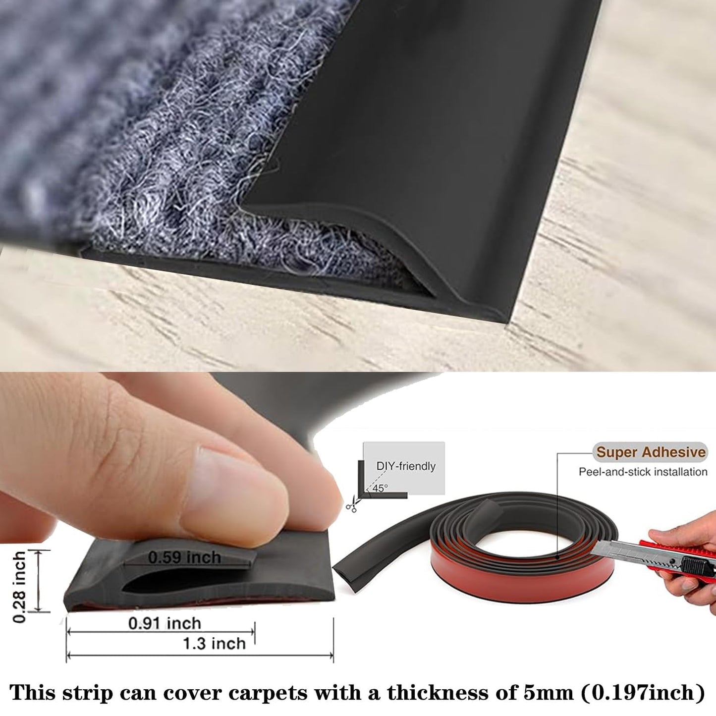 Self Adhesive Carpet Transition Strip with Edge Trim, Designed for Seamless Transitions from Carpet to Tile or Vinyl Floors, Perfect for Doorways.(Black,9 Feet)