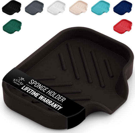 Zulay Kitchen Small Silicone Sponge Holder (4.9x3.3”) – Space-Saving Sink Organizer Tray for Sponge, Soap, Brush & More – Compact Non-Slip Dish for Kitchen & Bathroom (Chocolate)