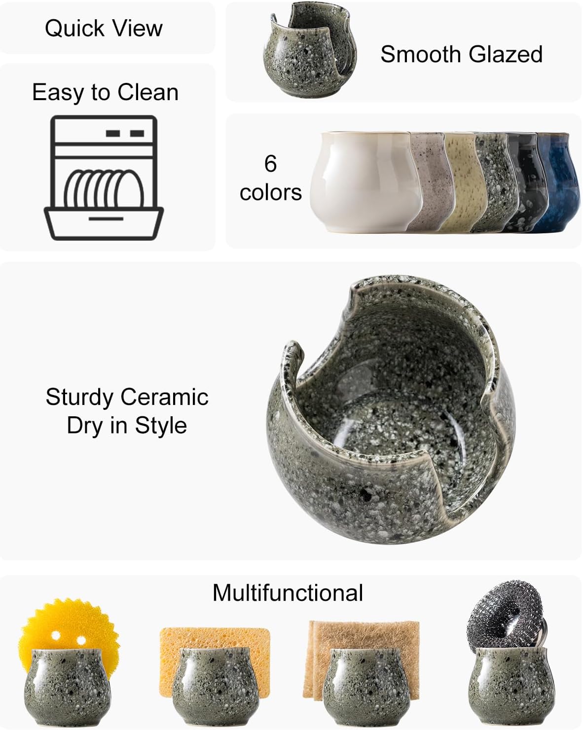 Ceramic Sponge Holder, Kitchen Sponge Holder Sink Caddy Organizer Dish Rack for Kitchen Sink Suction, Bathroom, Brush, Special Gray
