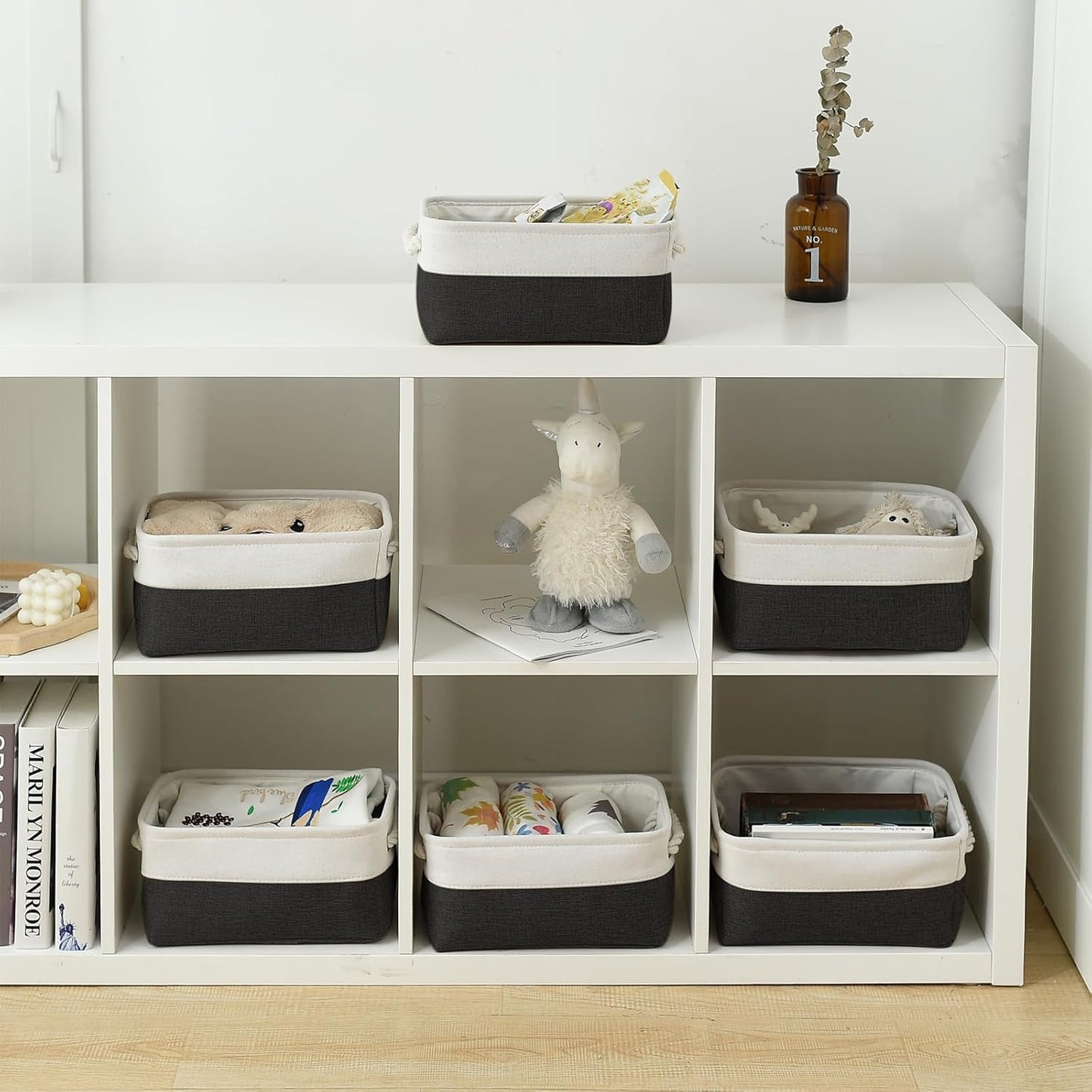 TheWarmHome Storage Bins for Shelves - 6 Pack 11.8x7.8x5.2 inch Collapsible Storage Cubes, Basket for Gifts Empty Closet Organizing Dog Toy Box (White & Black)