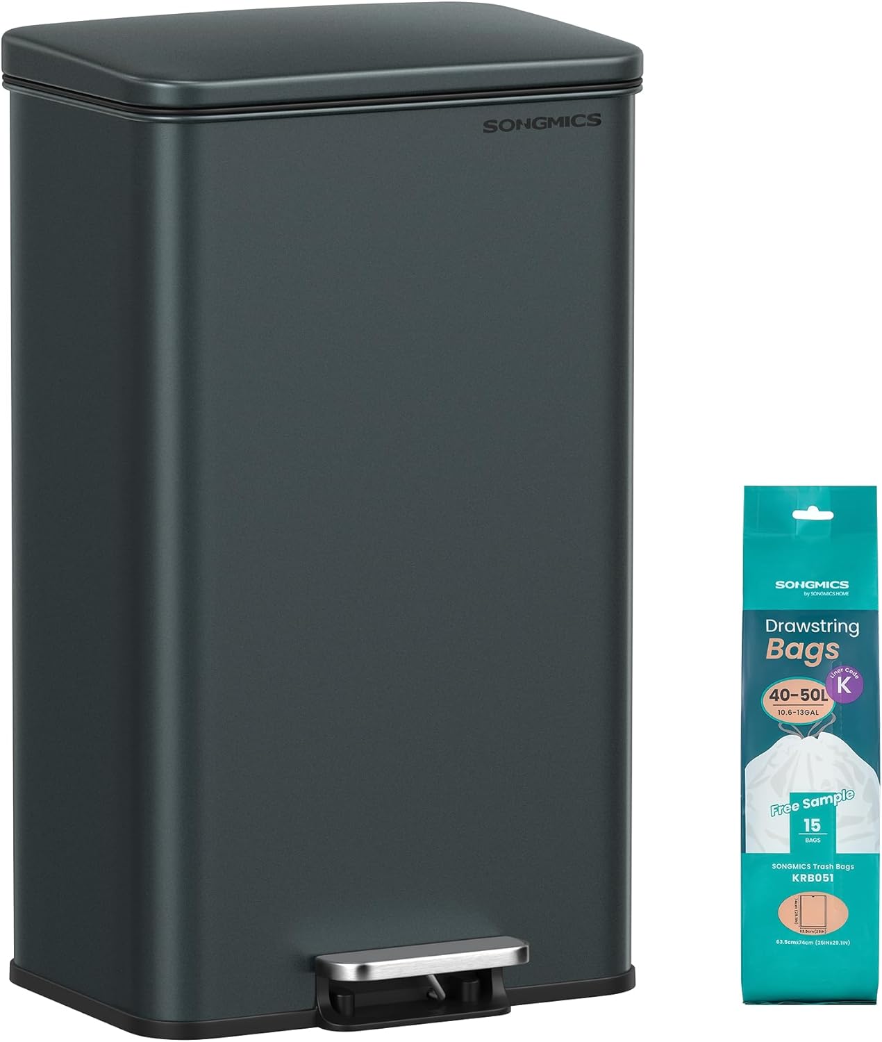 SONGMICS Kitchen Trash Can, 10.5 Gallon (40 L) Garbage Can, Large Step Trash Bin with Lid, Stainless Steel, Soft Close, 15 Trash Bags Included, Charcoal Gray ULTB540G01