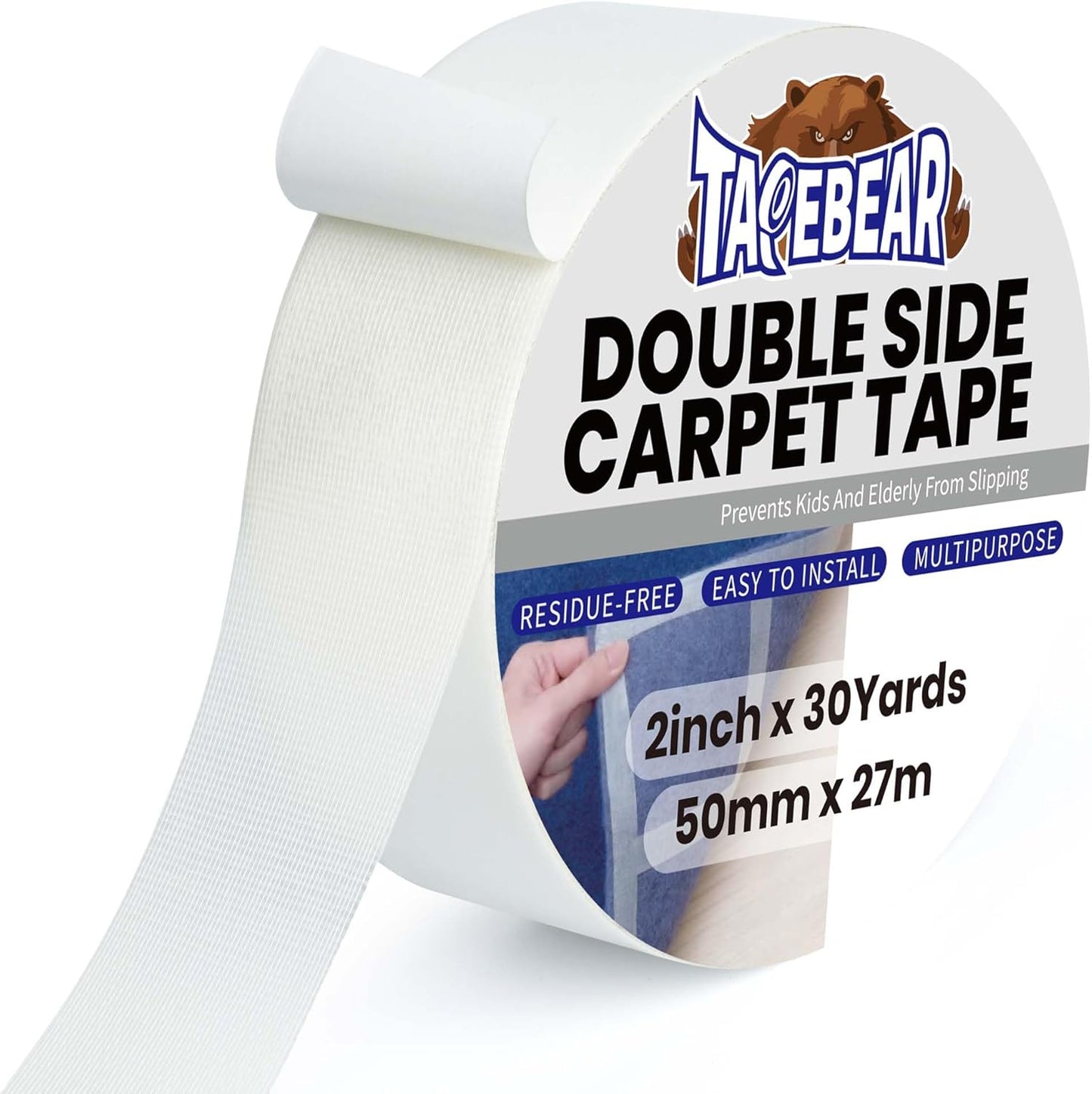 TAPEBEAR Carpet Tape Double Sided 2Inch x 30Yards, Heavy Duty Rug Gripper Anti Slip Anti Curling Floor Tape Residue-Free, Two Sided, Removable, Waterproof for Area Rugs, Mats, Strong Hold for Tile
