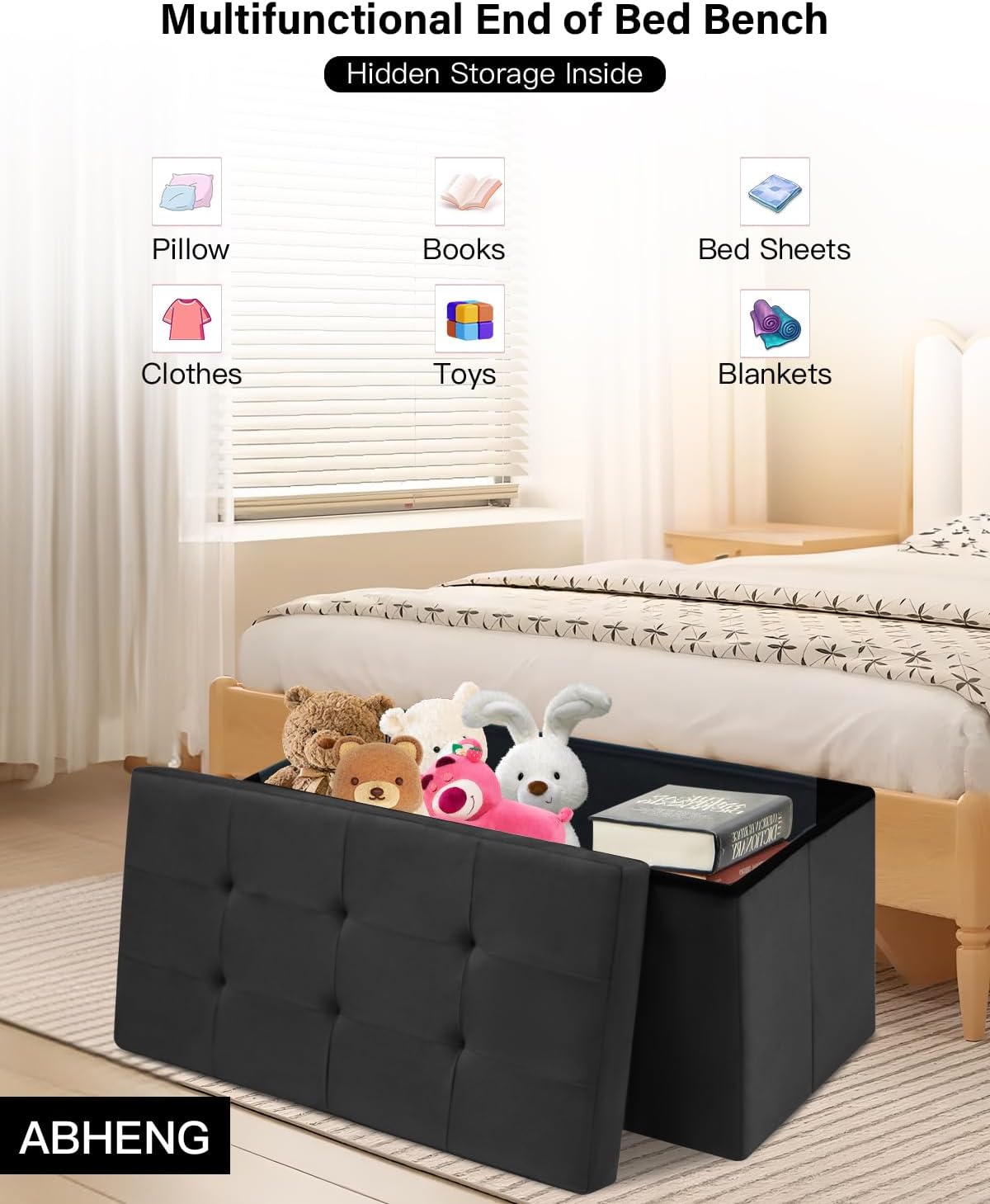 Folding Storage Ottoman, Velvet Storage Bench, Footrest, Removable Divider, for Living Room, Bedroom, 15 x 30 x 15 Inches, 660 lb Load Capacity, Ink Black UASND01B