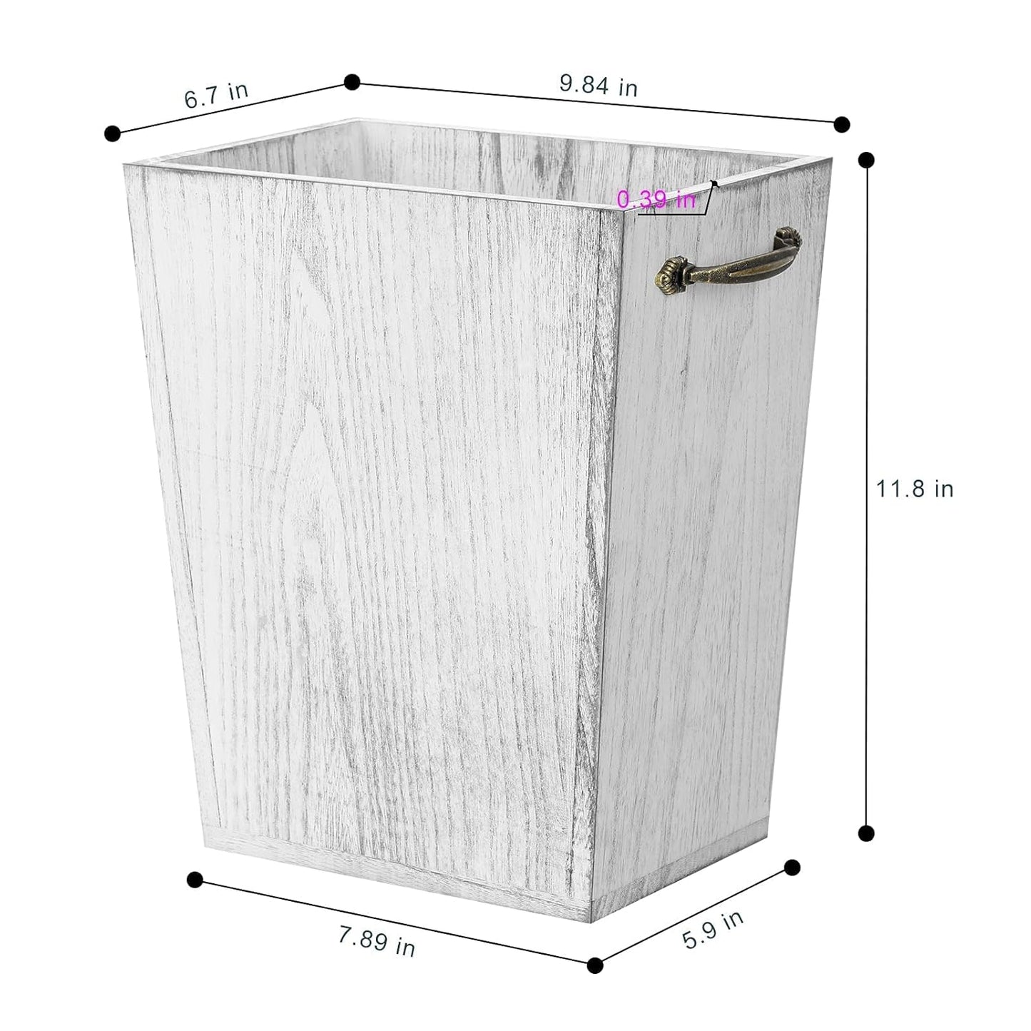 Wood Wastebasket Trash Can Rustic Farmhouse Square Garbage Container Bin with Decorative Metal Handle for Bedroom, Living Room, Bathroom & Office