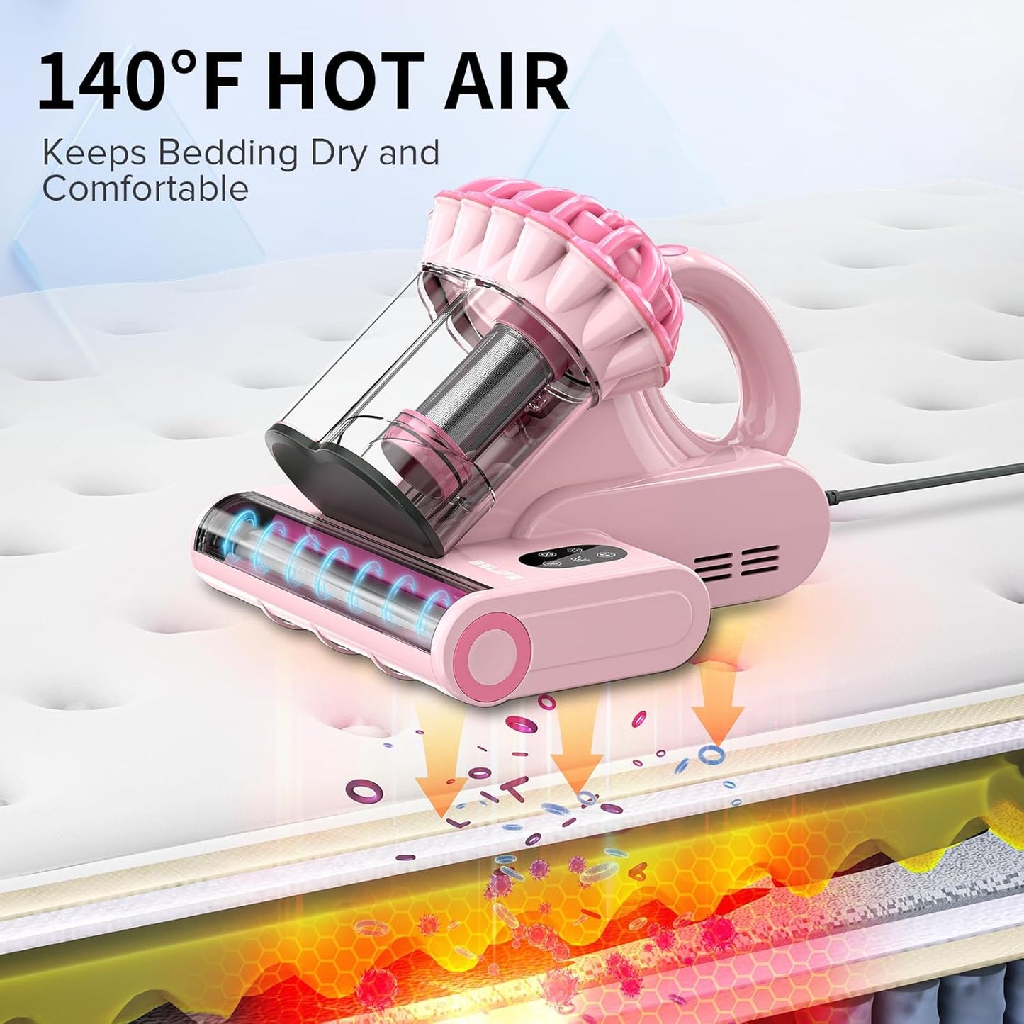 Belife M8 Mattress Vacuum Cleaner, 18Kpa Bed Vacuum Cleaner with UV & Hot Air & High Heating, 550W Powerful Suction Double-Cup Handheld Vacuum Sofa Couch Cleaner for Dust Pillow Crib Pet Hair, Corded