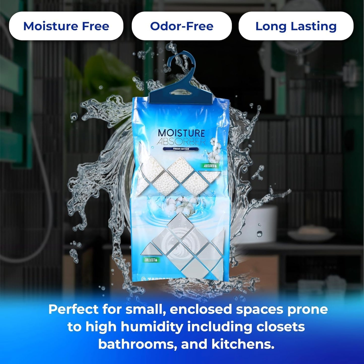 Hanging Moisture Absorber Fresh Cotton 10.6 oz/300g | Moisture Absorbing Bags for Bathroom, Closet, Kitchen & Vehicles | Removes Moisture, Humidity & Odors | Portable Dehumidifier | Set Of 10