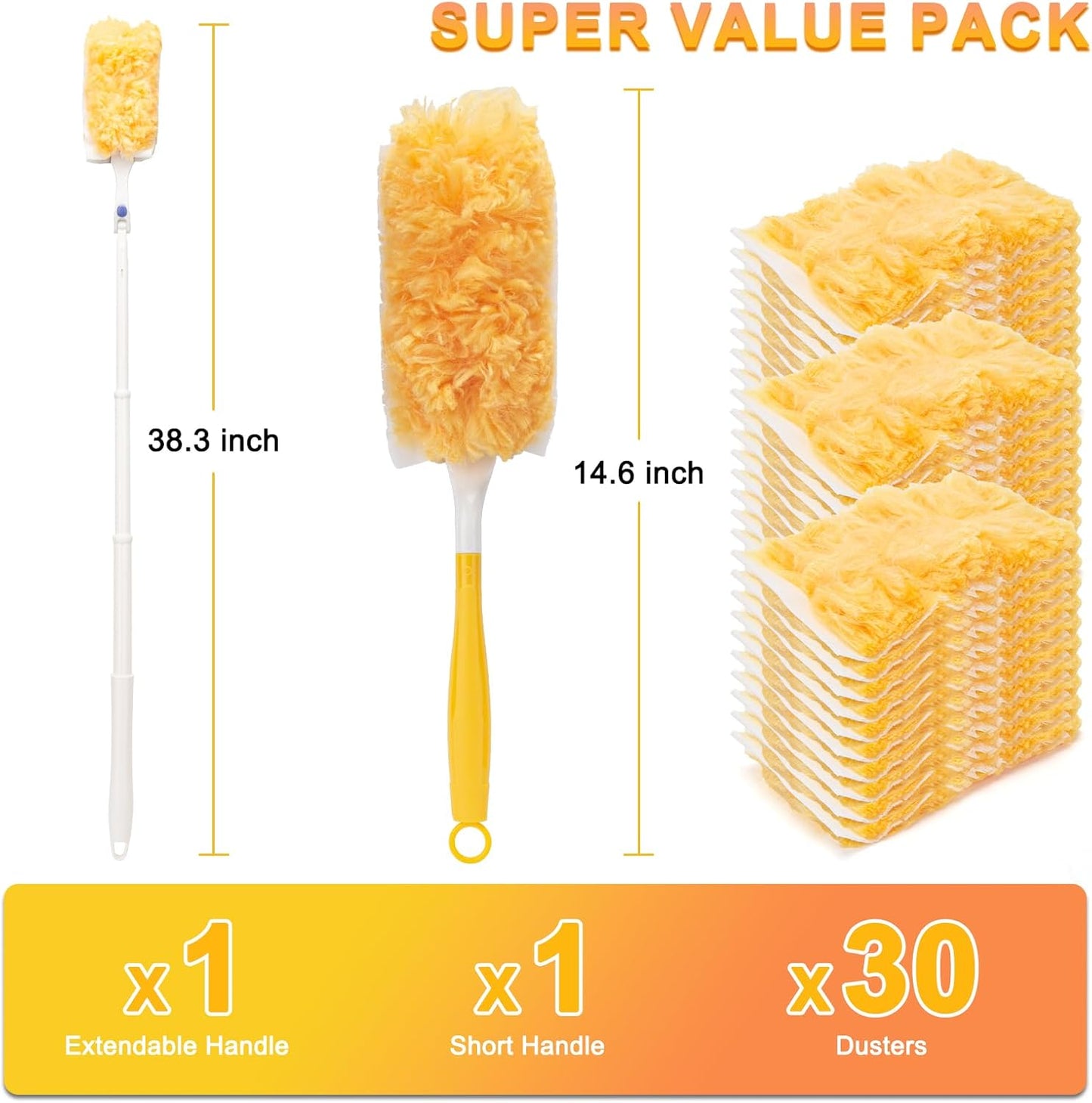 KeFanta 360° Heavy Duty Duster Refills Compatible with Swiffer Duster, Disposable Dusting Kit for Cleaning, 1 Extended Handle, 1 Short Handle, 30 Refills