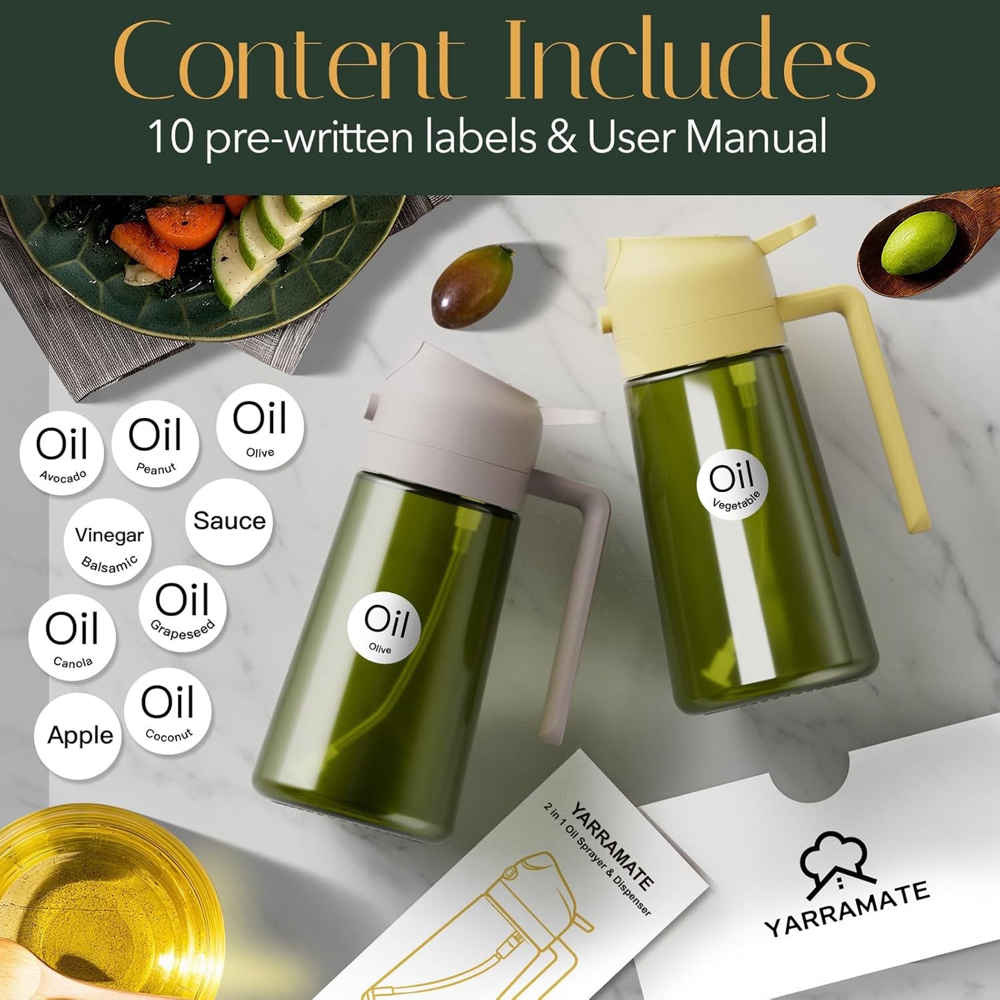 YARRAMATE 16oz/470ml Light-Blocking Dark Oil Sprayer for Cooking, 2 in 1 Olive Oil Dispenser Bottle for Kitchen,Dark Green Glass Oil Bottle, Food-Grade Oil Mister for Air Fryer, BBQ (LotusRootPink)