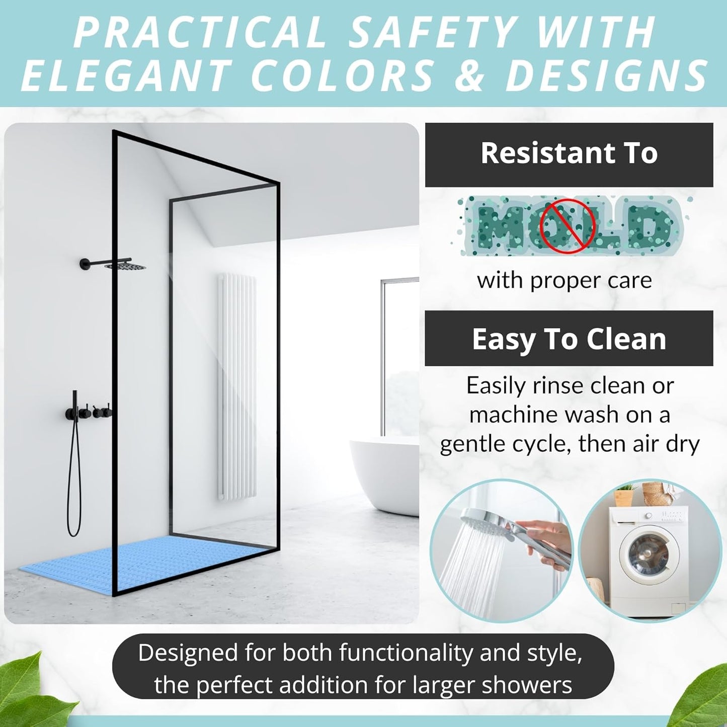 ENKOSI Extra Large Shower Mat Non Slip - 47 x 32 inch - XL Bathroom Shower Mat - Large Shower Matts for Shower Stall Floors - Secure Suction Cups and Drain Holes (47x32 Aqua Blue)