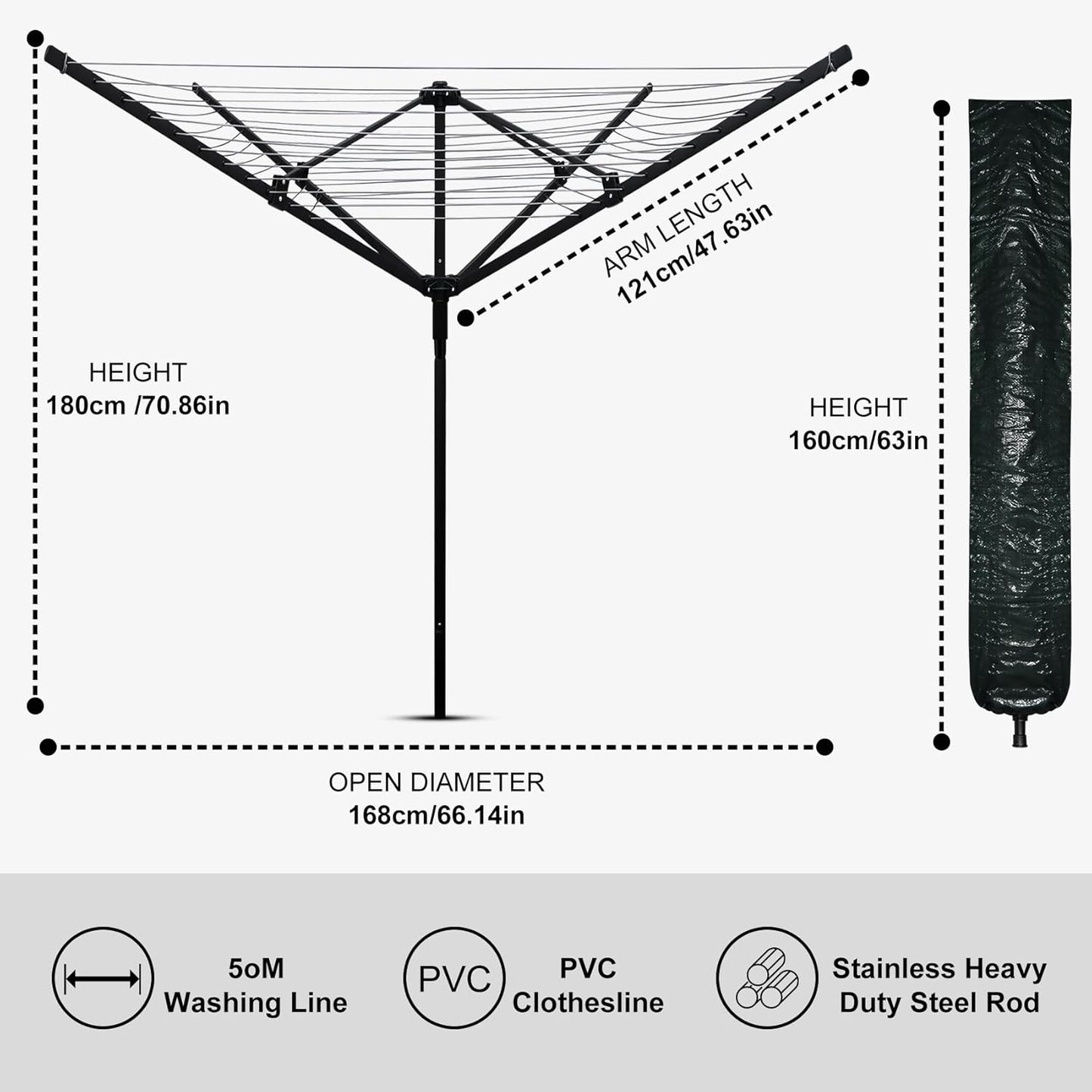 Umbrella Clothesline Outdoor with 40 Pegs, 4 Arms 12 Lines Rotary Clothesline Folding Clothes Drying Rack, 165 Ft Heavy Duty Clothes Line Outdoors for Backyard, Garden