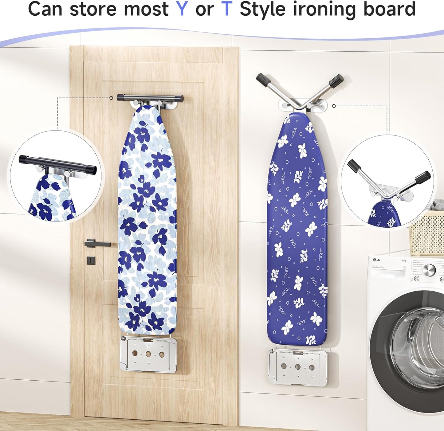 Ironing Board Holder Wall Mount,Ironing Board Hanger with Removable Hooks, Laundry Rooms Stainless Steel Ironing Boards Hook for Wall for Y or T Leg