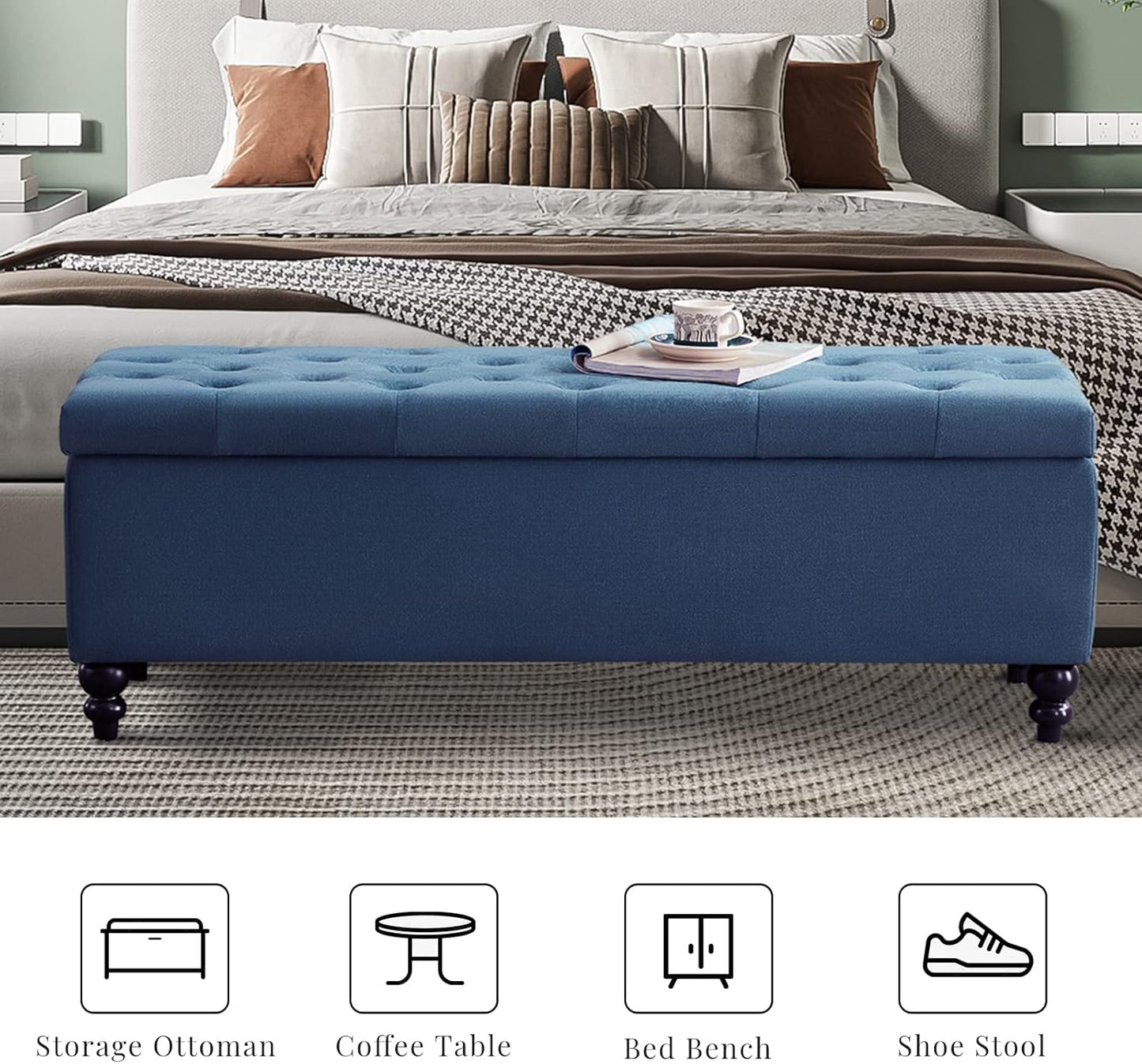 Storage Ottoman 50.2 Inches Upholstered Fabric Storage Ottoman Bench，Button Tufted Ottoman with Storage for Living Room (Blue-TP)