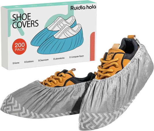 Shoe Covers Disposable 200 Pack (100 Pairs), Non-Woven Booties for Shoes, Durable Non-Slip Shoe Protectors for Indoors, Breathable Stretch Fit – L & XL Sizes, Black/Grey/Printed Options