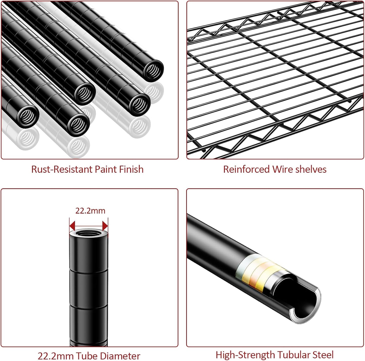 IZEUK 5-Tier Adjustable Heavy Duty Steel Wire Shelving Unit with Wheels, Storage Rack Organizer for Garage, Kitchen, Office, Laundry, Basement (Black, 17.7" D x 47.2" W x 76.7" H, 1750 lbs Capacity)