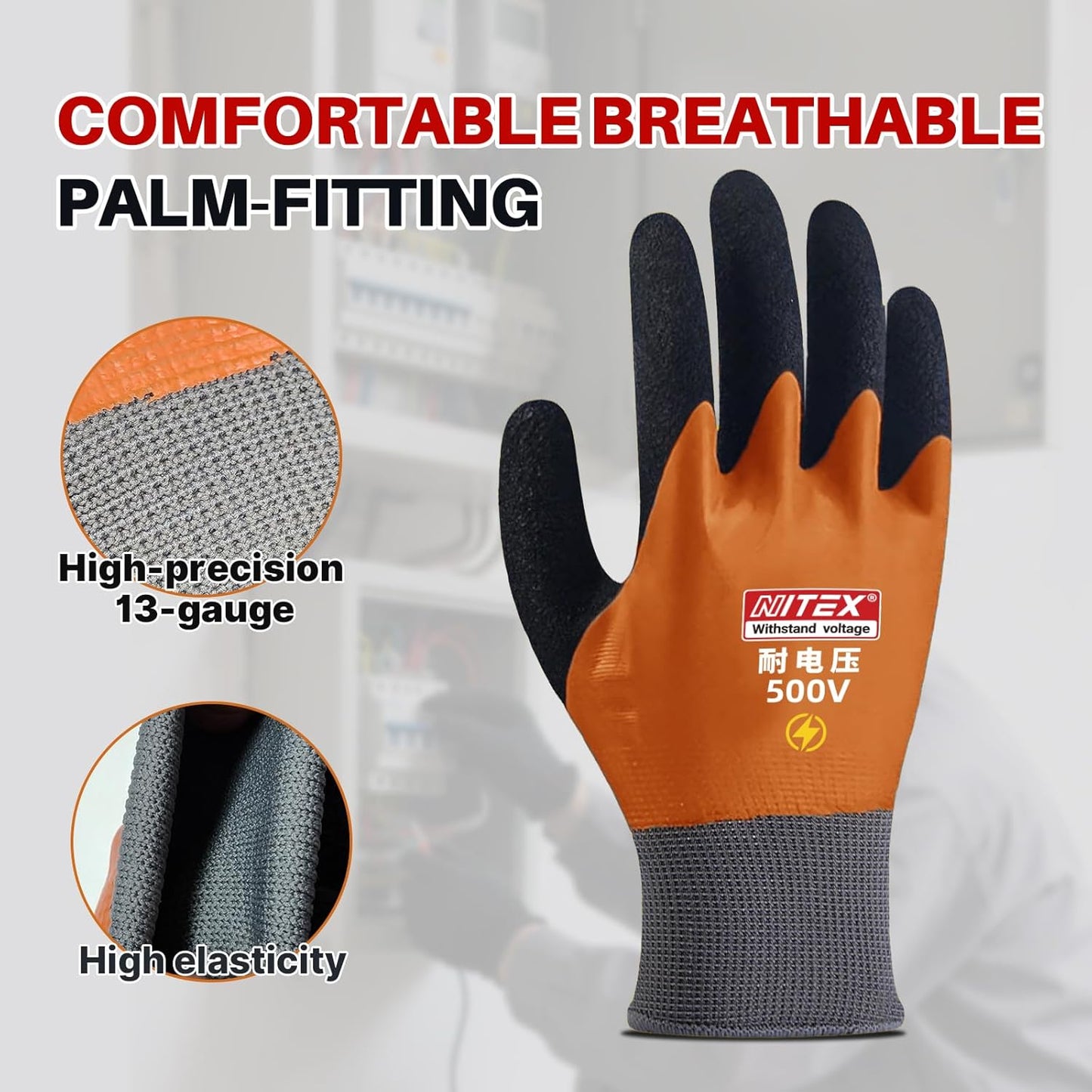 Electrical Insulated Gloves, 500V High Voltage Resistance Electrician Safety Gloves, Rubber Non Slip Work Gloves (500V|double insulated, 2pcs-Large)