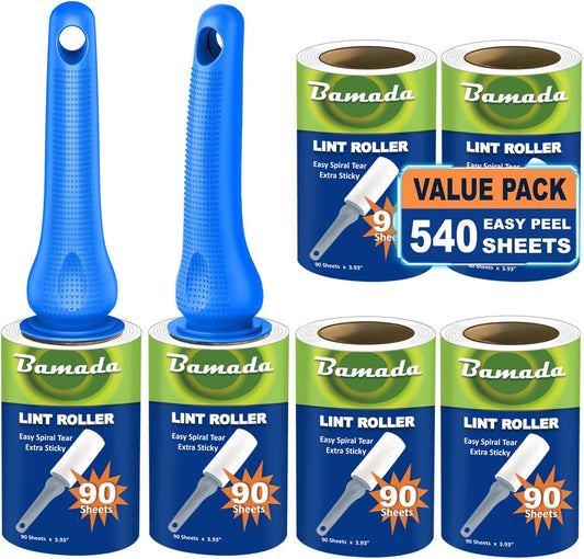 Sticky Lint Roller for Pet Hair: Lint Remover for Dog Cat Hair Mega Value Set 540 Sheets 2 Handles+6 Rollers Fur Removal for Clothes Couch Furniture