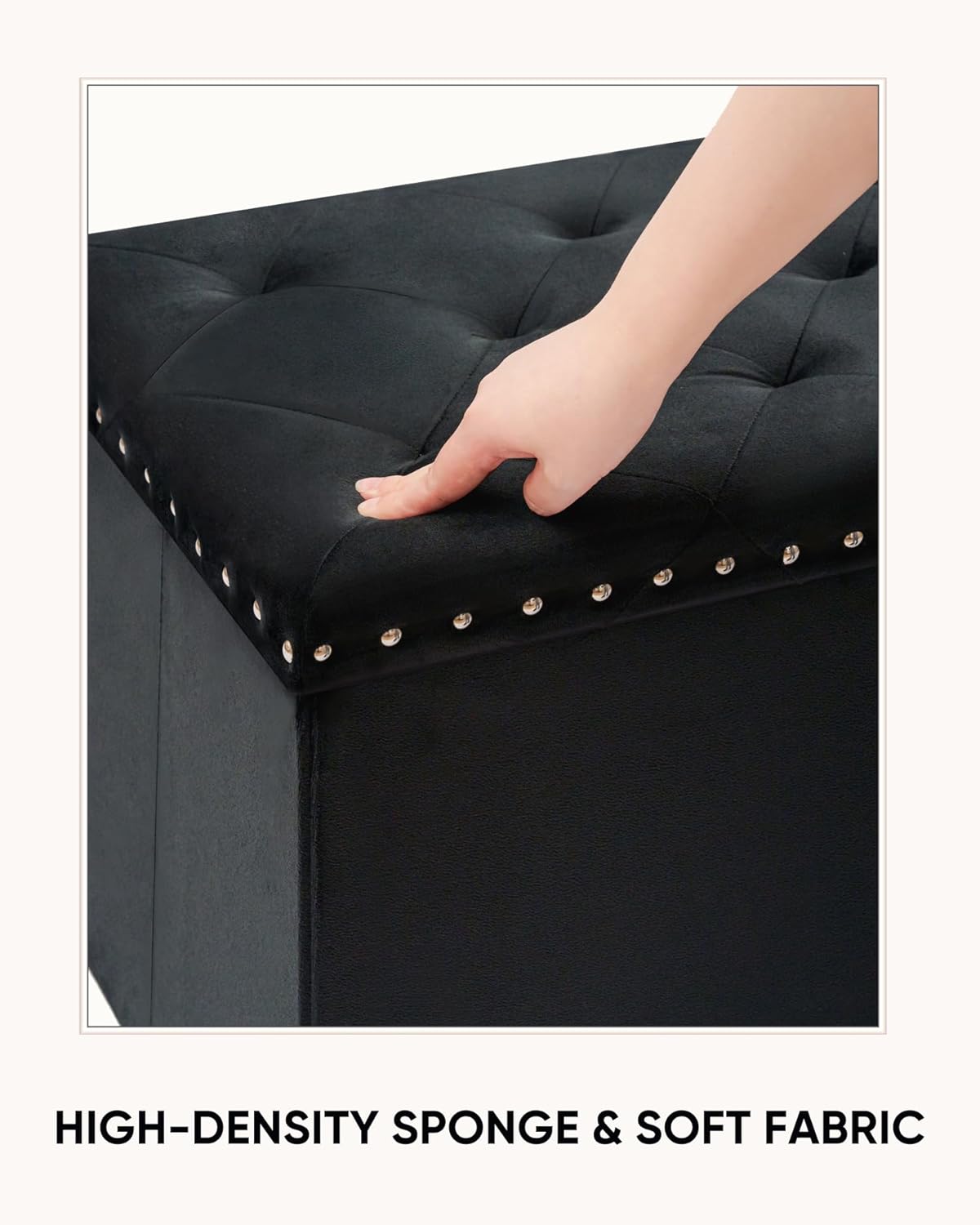 Velvet Storage Ottoman Bench, 43.3" Folding Ottoman with Rivet Trim, Heavy-Duty Upholstered Entryway Bench, Sturdy Footrest and Seat for Bedroom, Living Room, Holds up to 660 LBS, Black