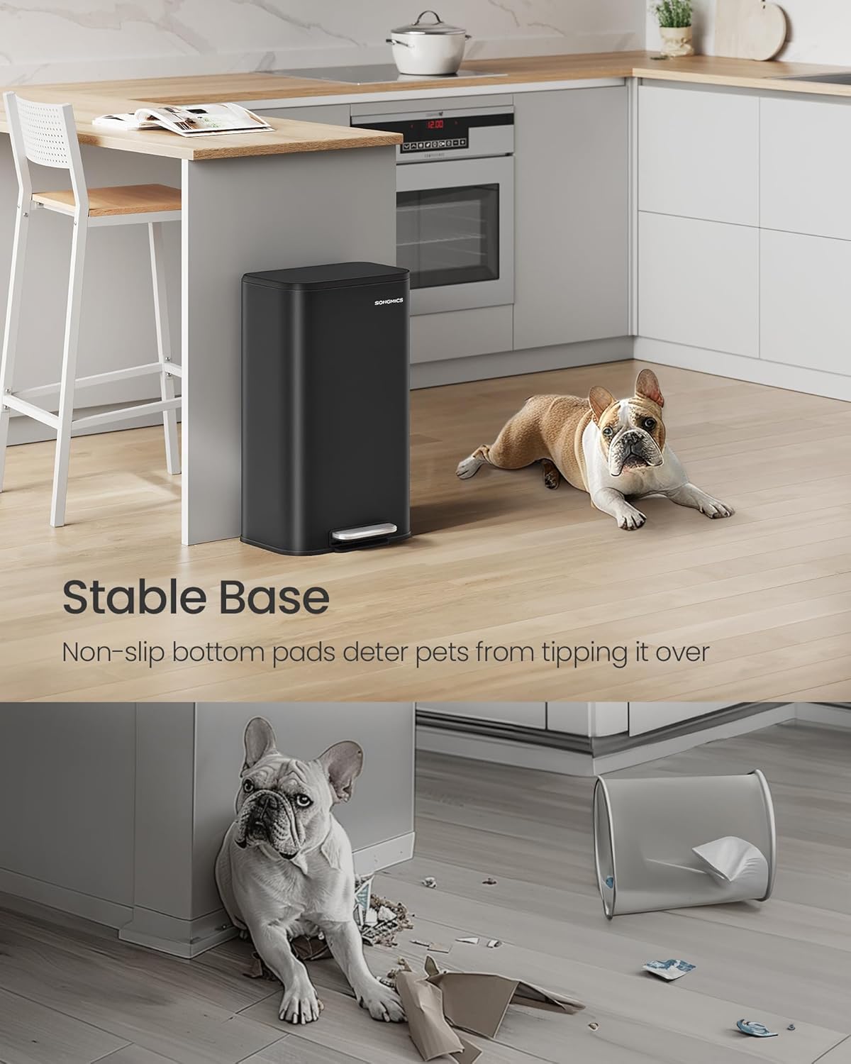 SONGMICS Kitchen Trash Can, 8-Gallon (30 L) Garbage Can with Lid, Stainless Steel, Soft Close and Stays Open, Inner Bucket, Wide Non-Slip Pedal, Ink Black ULTB546B01