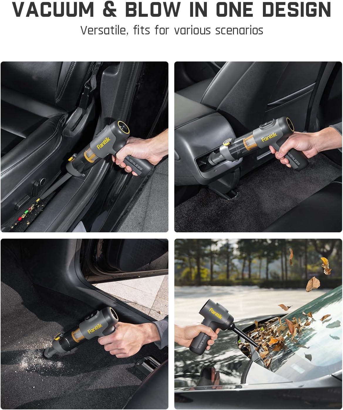 Fanttik Slim V9 Mix Car Vacuum, 4 in 1 Handheld Air Duster, 12000PA Suction Power with Smart LED Display, Cordless Portable Mini Keyboard Vacuum for Car Interior, Office Desk
