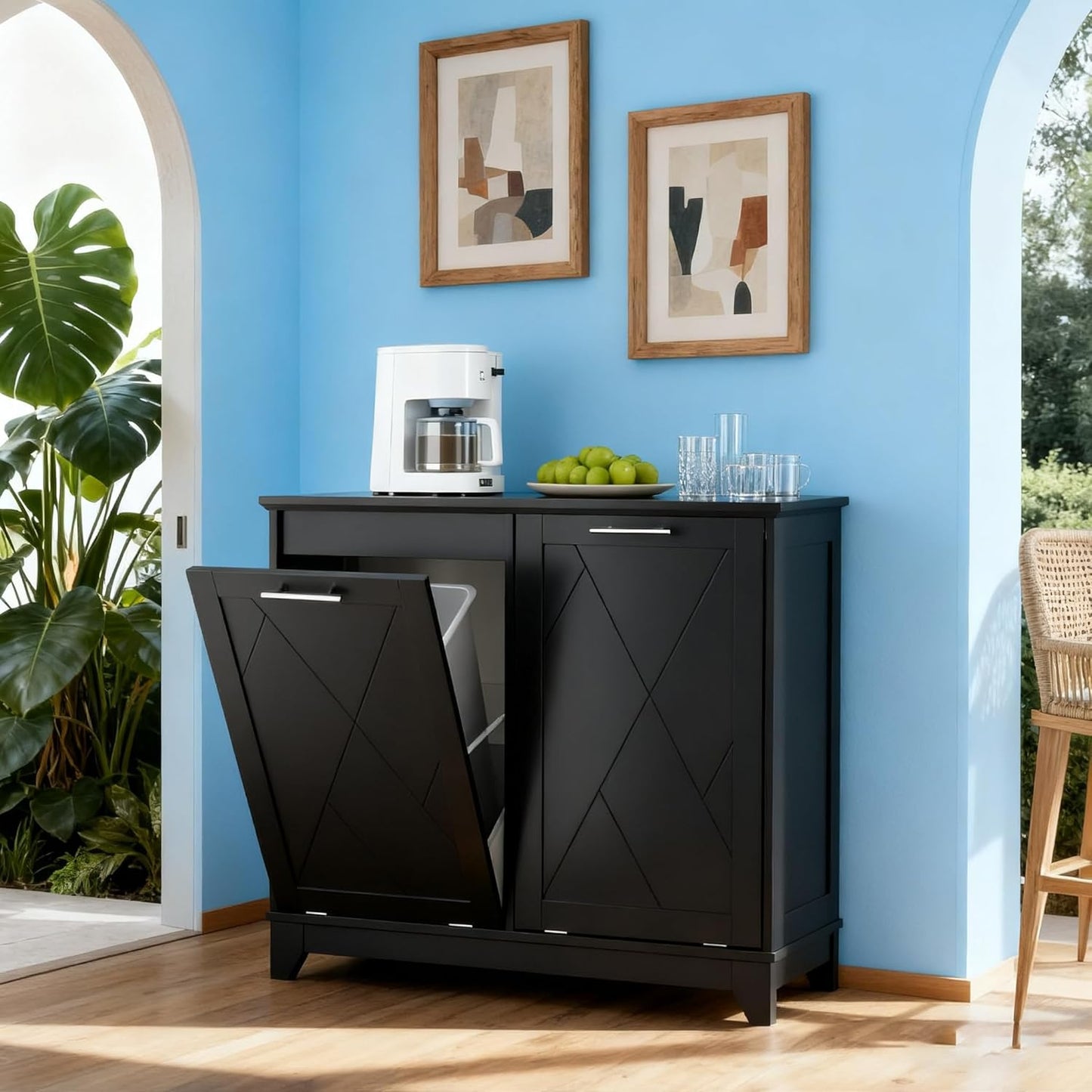 Double Tilt Out Trash Can Cabinet, 10 * 2 Gallon Garbage Trash Bin with Charging Station and Deodorizing Function, Dog-Proof Storage Cabinet for Hidden Bathroom Laundry Hamper, Black