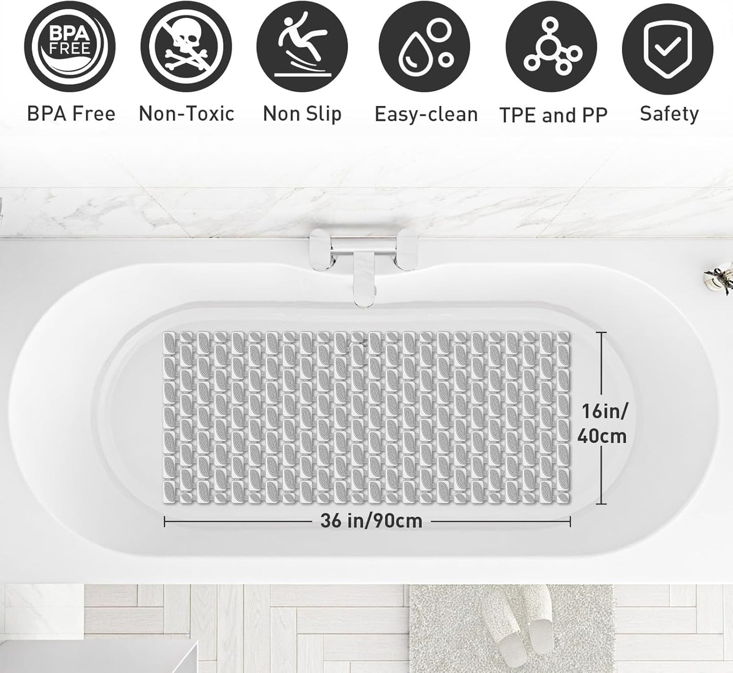 Shower Mat Non Slip Bathtub Mat - 36 x 16 Inch Eco-Friendly Soft Bath Mat for Tub Non Slip Shower Mats for Inside Shower with Suction Cups and Drain Holes, Easy to Clean Quick-Drying, Grey