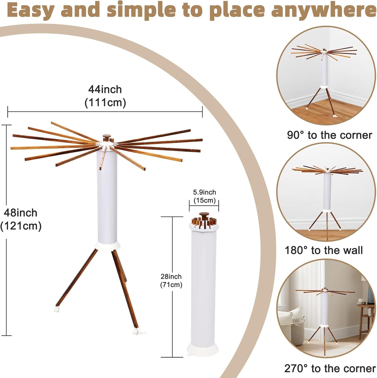 Portable Teak Tripod Clothes Drying Rack, Foldable Space-Saving Design, 16 Waterproof Teak Wood Drying Rods