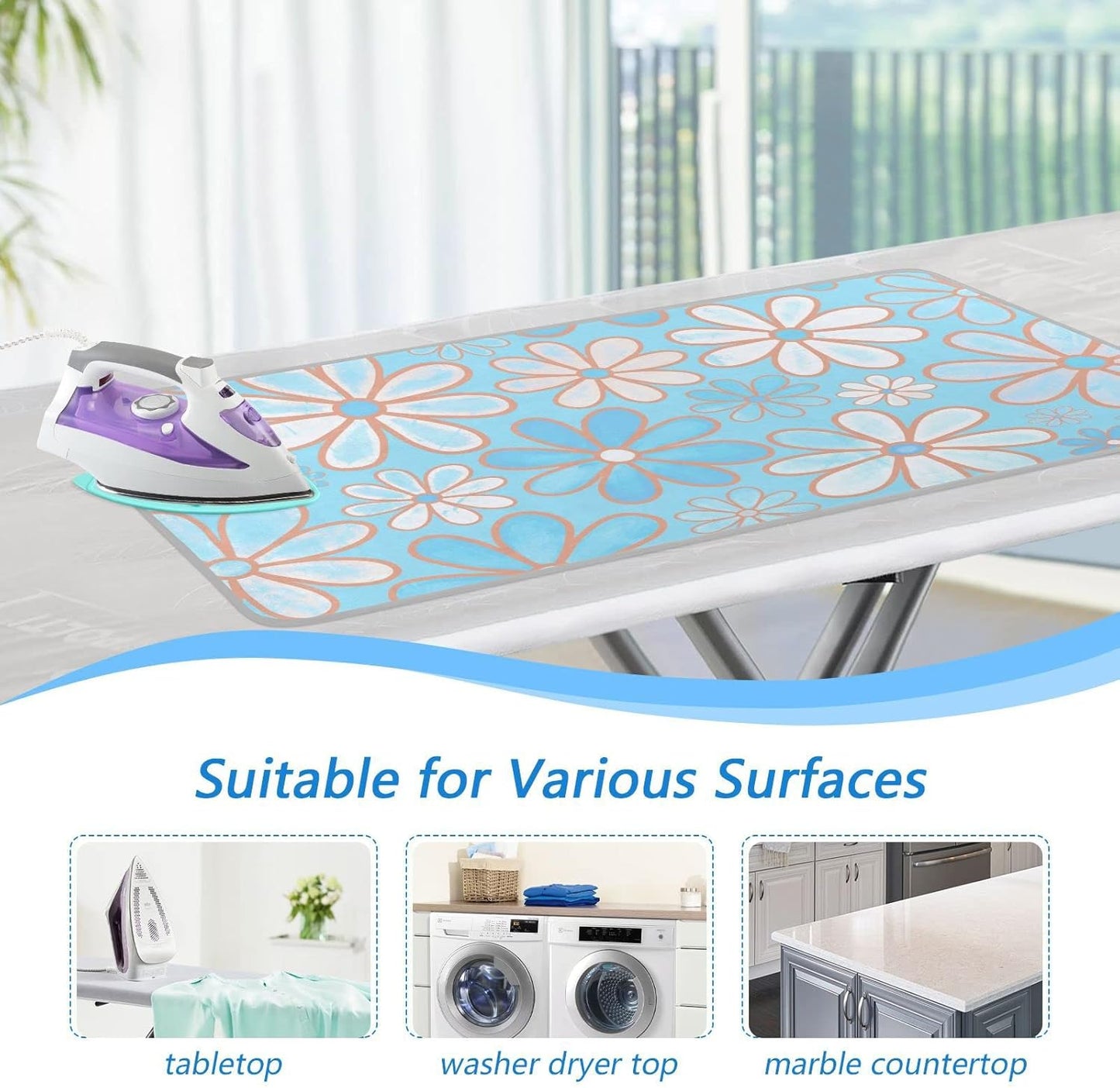 Ironing Mat Portable Ironing Pad Ironing Blanket for Table Top Heat Resistance Double-Side Using Travel Large 47.2 x 27.6 Inch Foldable Lightweight Floral Blue