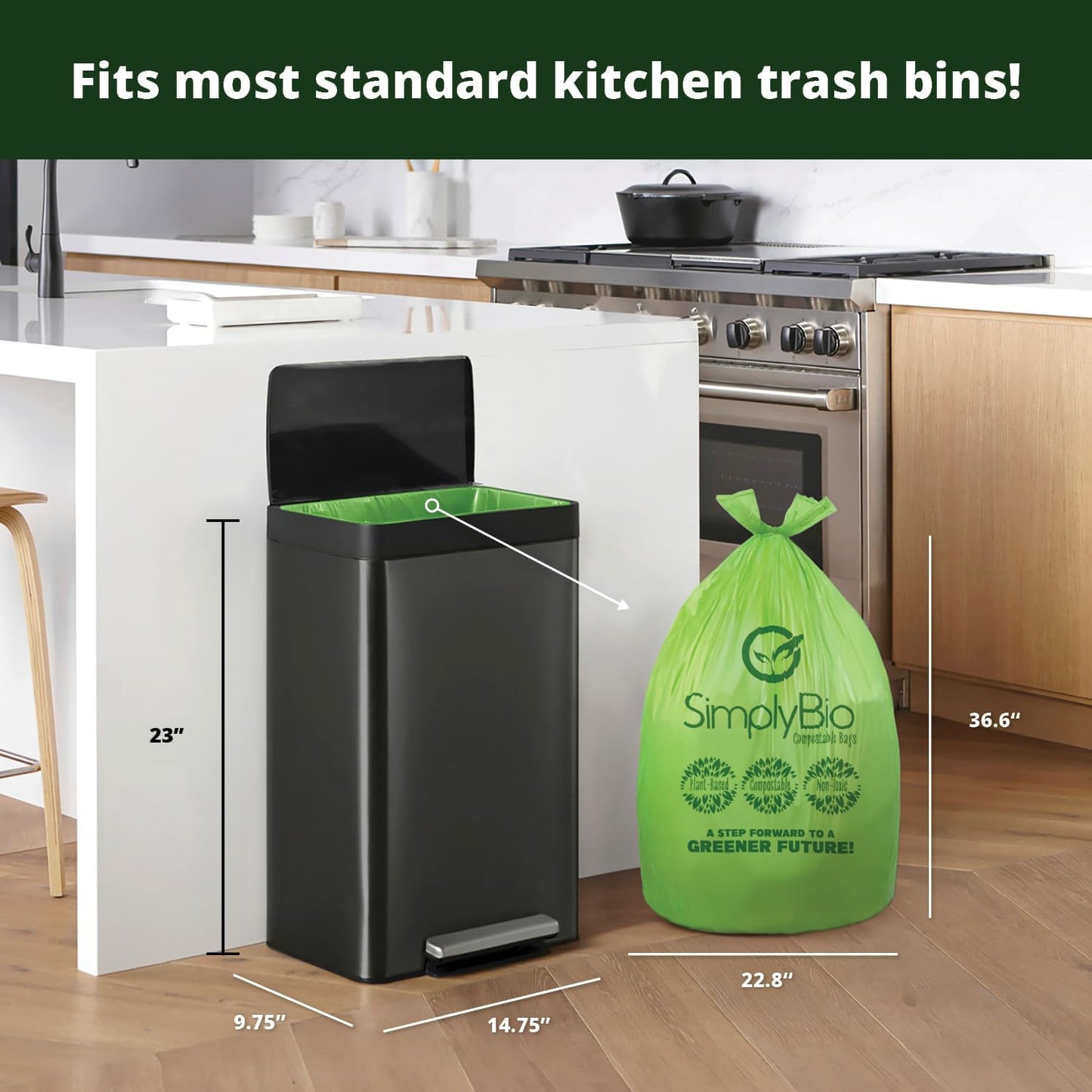 Simply Bio 13 Gallon Compostable Trash Bags Liners with Handle-Tie, Thick 0.87 Mil, 49.21 Liter, 30 Bags, Tall Kitchen Food Scrap Waste Bag, ASTM D6400, US BPI and OK Compost Home Certified
