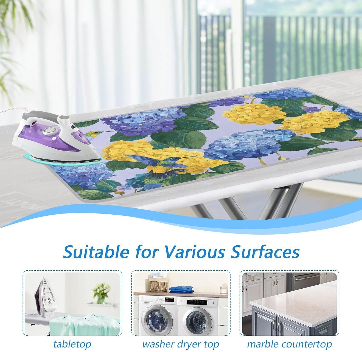 Ironing Mat Portable Ironing Pad Ironing Blanket for Table Top Heat Resistance Double-Side Using Travel Large 47.2 x 27.6 Inch Foldable Lightweight Blue Hydrangeas Hummingbirds
