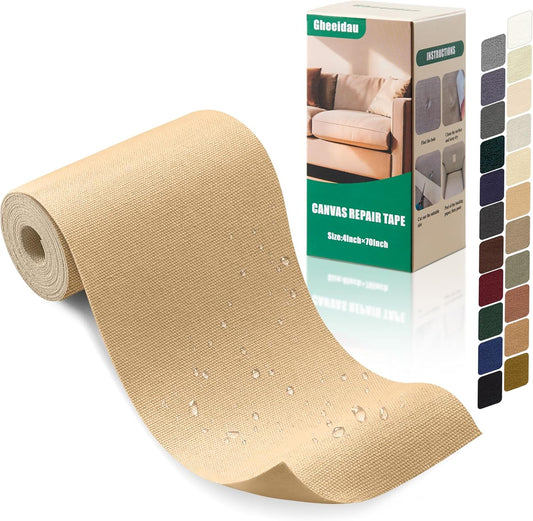 Canvas Repair Tape 4×70 Inch Waterproof Self-Adhesive Fabric Repair Patch for Repairing Boat Covers,Tents,Patio Umbrellas,Car Seats,Luggage,Sofas.(Beige Yellow)