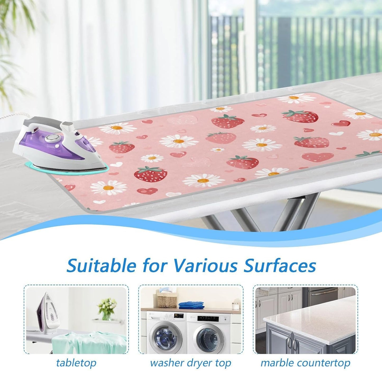 Pink Floral Strawberry Hearts Ironing Mat for Table top Portable Ironing Pad Blanket for Washer Dryer Countertop Travel