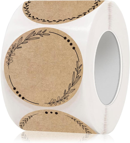 2" Brown Label Stickers for Jars and Lids, Kraft Sticker Labels for Pantry, Mason Jars, Canning, Bottles, 6 Different Drawn Wreath Designs, Kraft Paper/ 500pcs