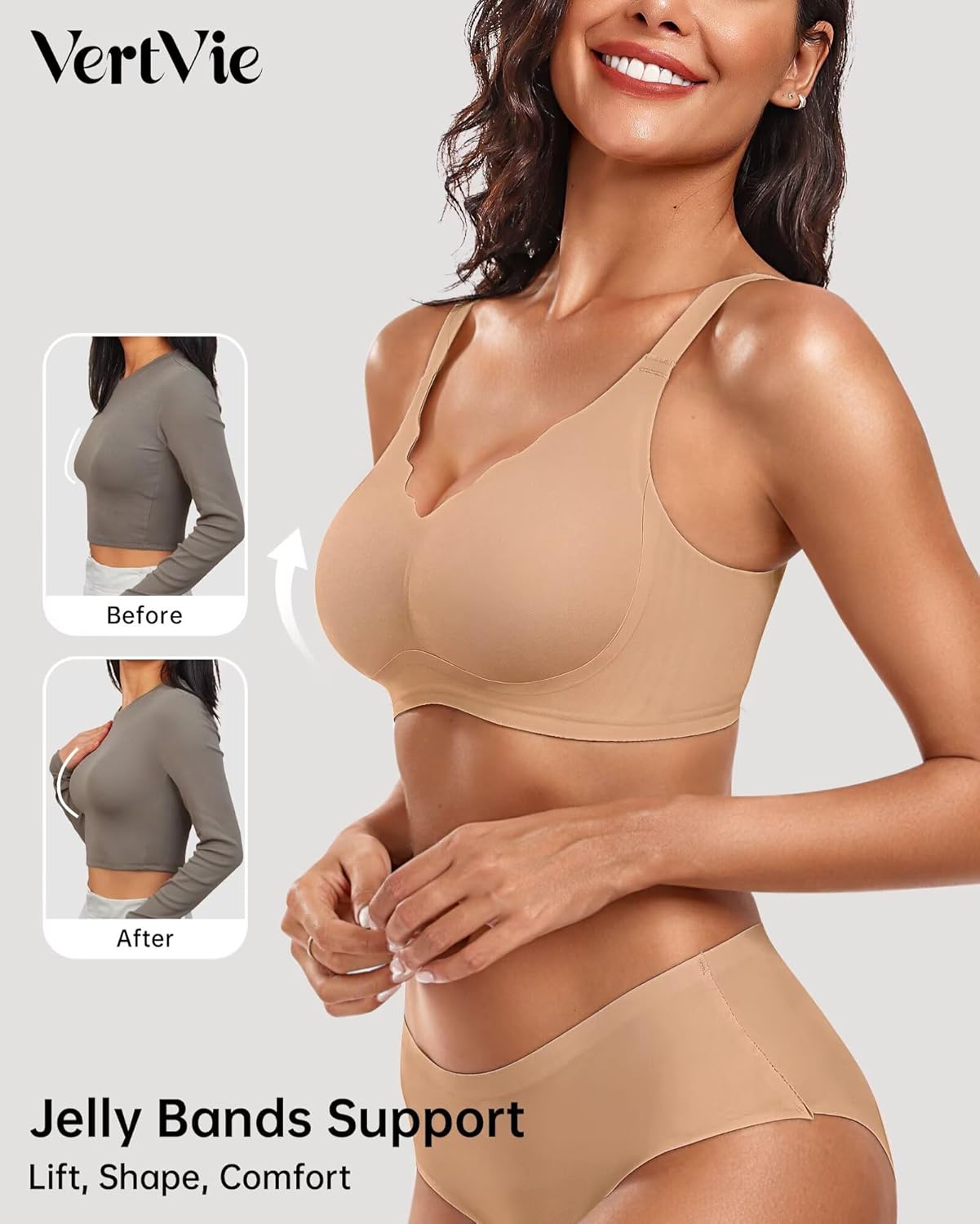 Vertvie Womens Seamless Bras No Underwire Supportive Wireless Push Up Full Coverage Bralette Comfort Scalloped T-Shirt Bra