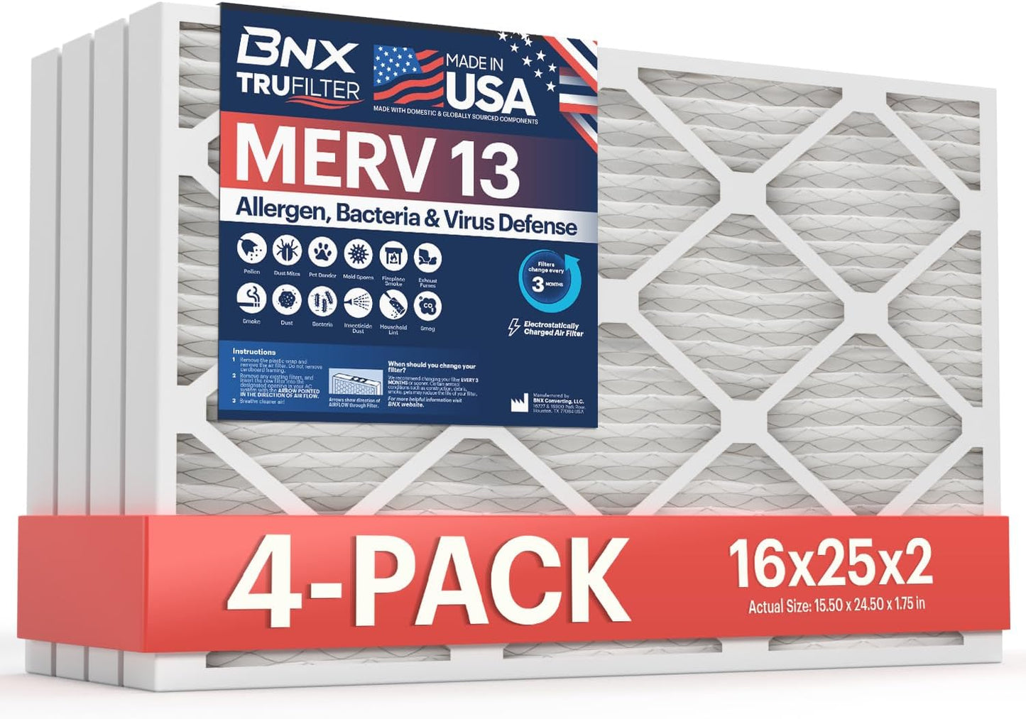 BNX TruFilter 16x25x2 Air Filter MERV 13 (4-Pack) - MADE IN USA - Electrostatic Pleated Air Conditioner HVAC AC Furnace Filters for Allergies, Pollen, Mold, Bacteria, Smoke, Allergen, MPR 1900 FPR 10