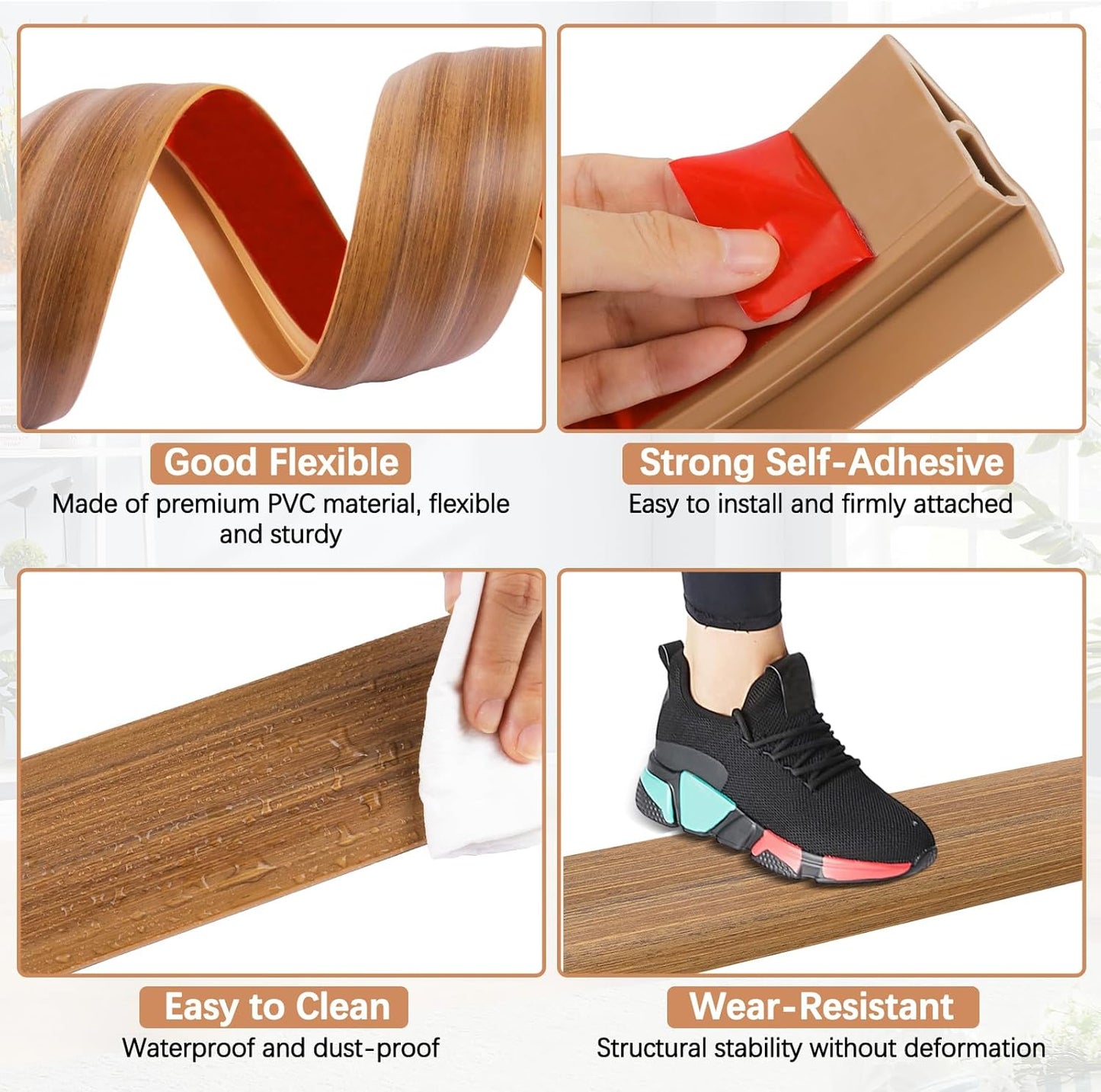 Vinyl Door Threshold Flooring Transition Strip Self Adhesive Carpet Edging Strip for Laminate Doorway Edge Threshold from 2/5" to 3/5" (Light Brown Wood Grain, 3.3 Ft)