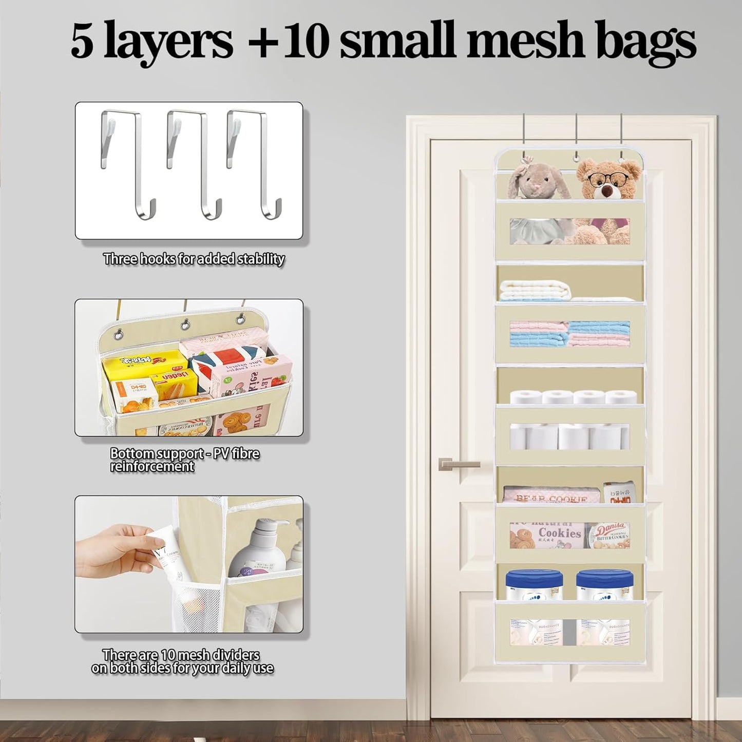 Over The Door Organizer, 5 Shelves Closet Door Hanging Organizer with 10 Mesh Pockets, Nursery Closet Organizer, Baby Essentials, Dorm Room Essentials for Girls