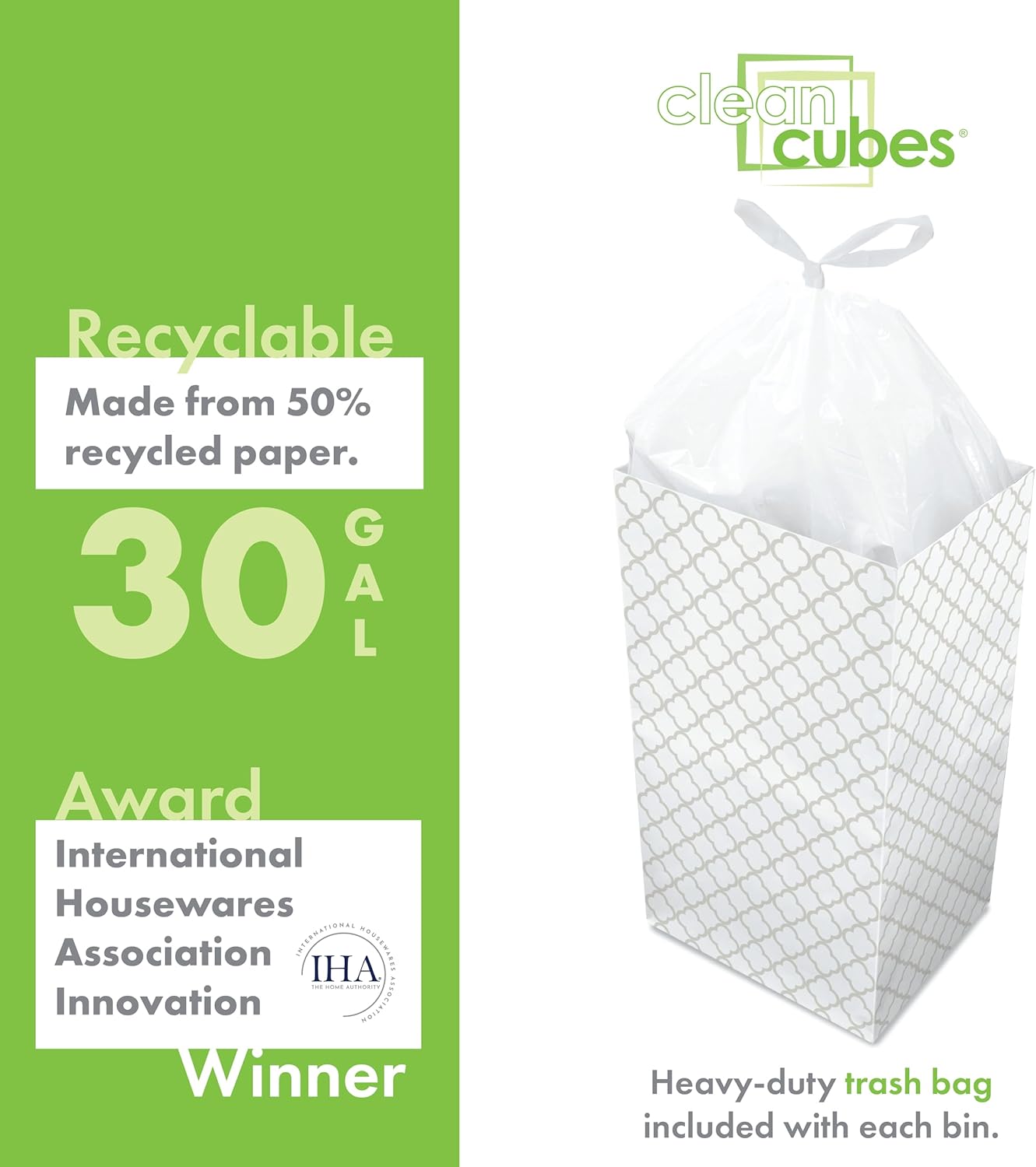 30 Gallon Disposable Pop-Up Trash Cans (3-Pack) with Fitted Bags – Foldable Garbage & Recycling Bins for Parties, Events & Kitchen (Trellis, 30" H x 14" W x 17" D)