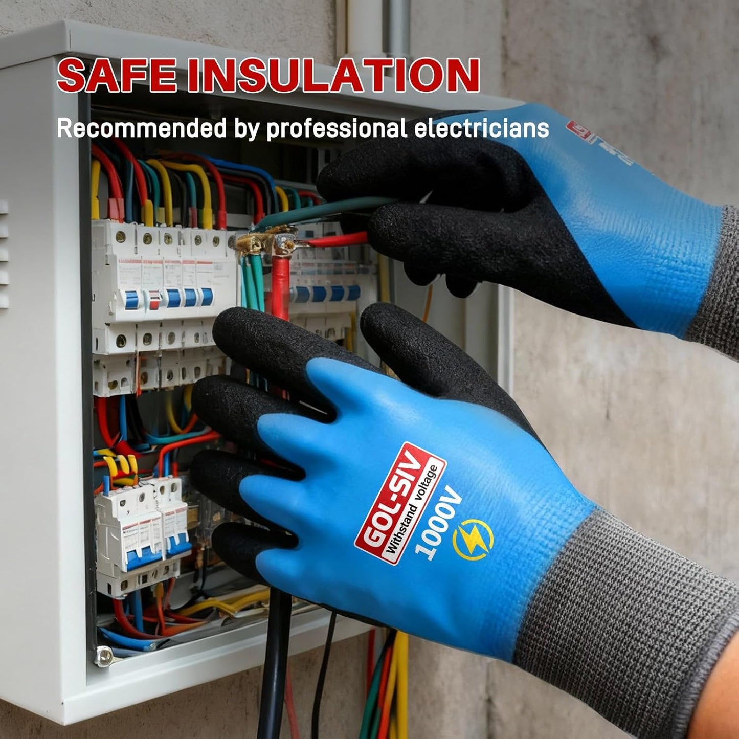 Electrician Gloves 1000V High Voltage,Double Insulated Electrical Gloves For Men,Rubber Safety Work Gloves (Blue,Large)