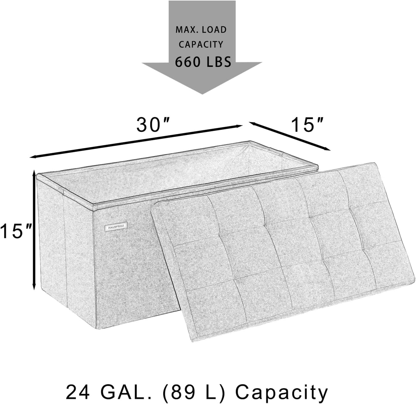 HAUSFRAU - 30 Inches Storage Ottoman Bench with Flipping Lid, Foldable Storage Chest Foot Rest for Living Room, Bedroom, Entryway, Load 660 lb, Linen Dark Gray