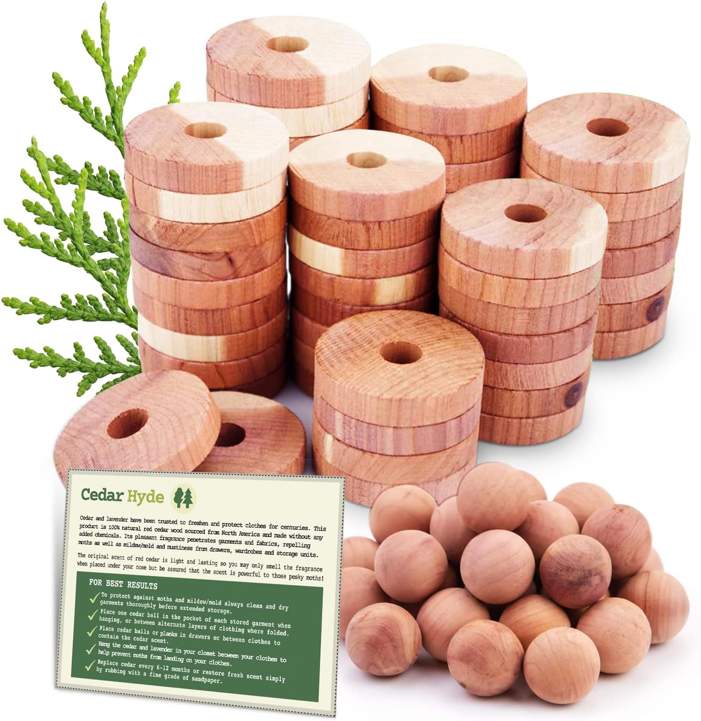 Cedar Blocks for Clothes Storage | Cedar Balls & Rings | Dresser Drawer Freshener Odor Eliminator | 40 Pieces, 30 Rings & Bonus 10 Balls, U.S.A Seller