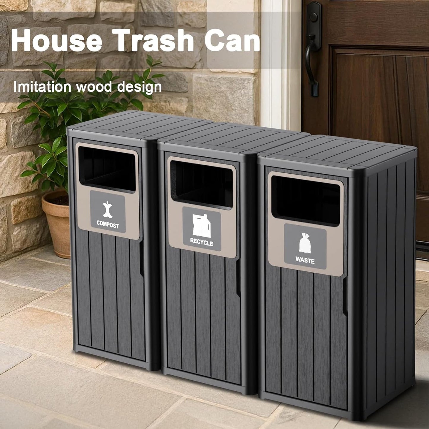 Outdoor Three Barrel Trash Can,Waterproof Resin Garbage Can with Garbage Labels,Durable Waste Bin for Porch, Backyard,Kitchen,for 30 to 39 Gallon Trash Bags
