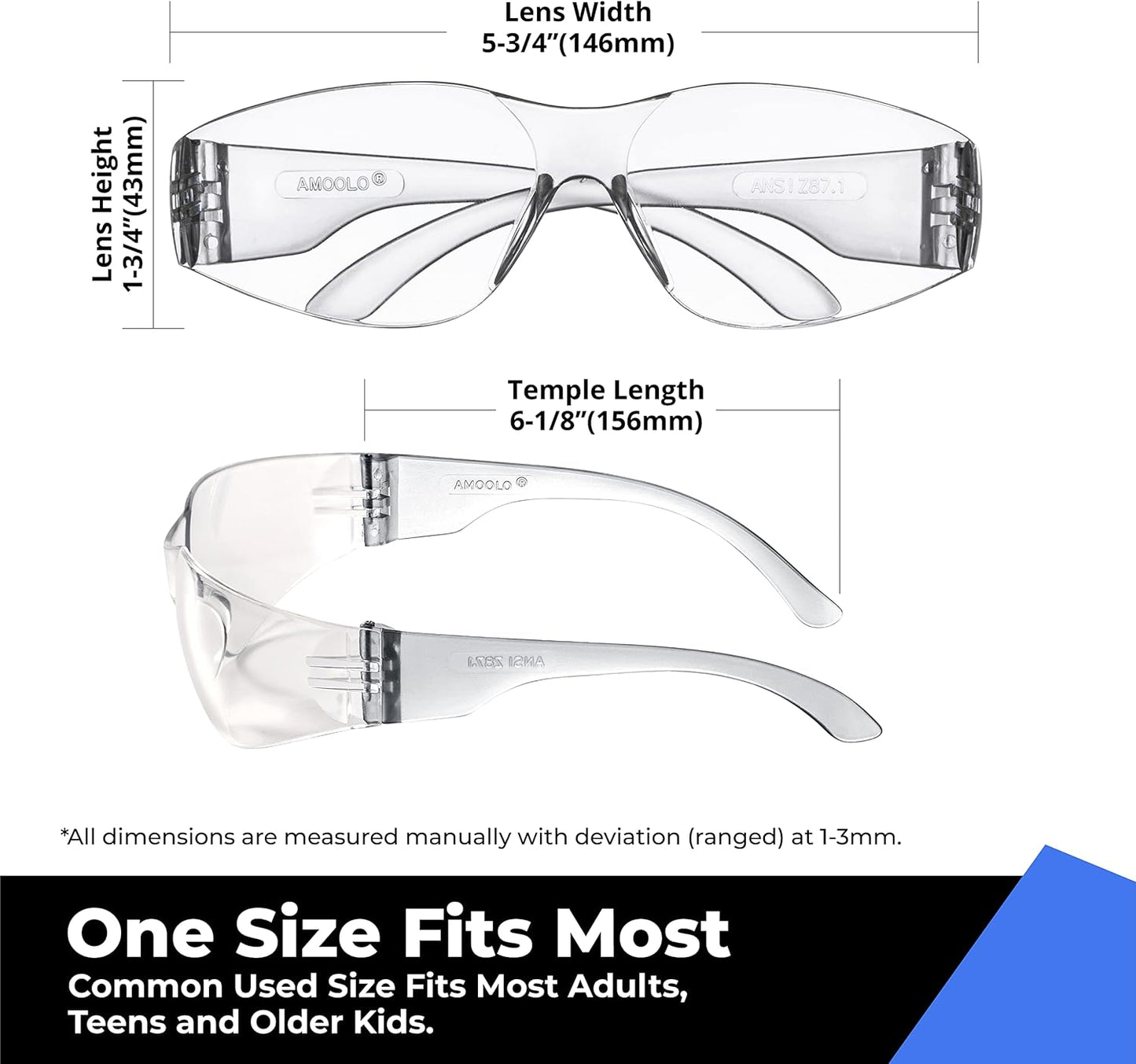 amoolo Safety Glasses for Men Women, Clear Eye Protection for Worl, Lab, Construction (Clear/Adult's Size, 144 Pack)