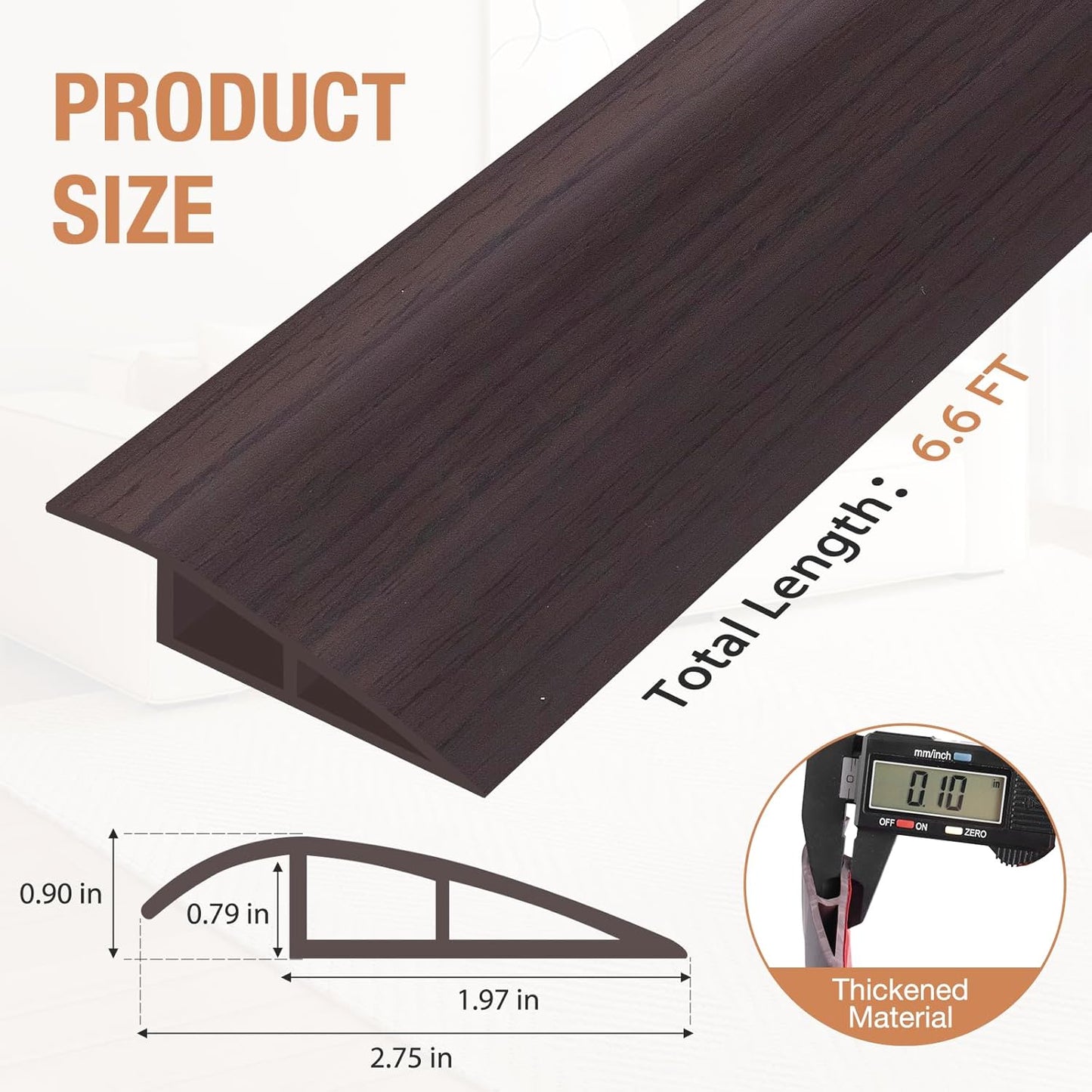 Floor Transition Strip Self Adhesive Vinyl Door Threshold for Doorways Carpet Edging Trim Overlap Edge Reducer for Laminate Floor, Carpet, Tile (Dark Walnut Grain, 3/5" to 4/5", 6.6Ft)