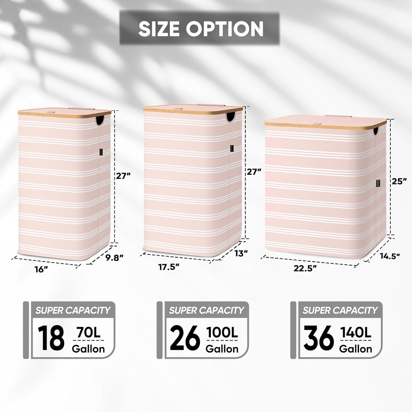 BALEINE Laundry Hamper with Lid, Tall Laundry Baskets with Bamboo Pull Handles, Large Laundry Bin with Internal Support (36 Gal/140L, Pink Pinstripe)
