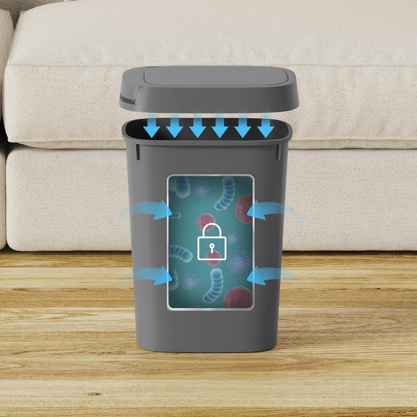 3 Pack Bathroom Small Trash Can with Lid, 2.6 Gallon Slim Garbage Bin with Pop-Up Lid, 10L Plastic Wastebasket for Bedroom, Office, Kitchen, Toilet (Gray)